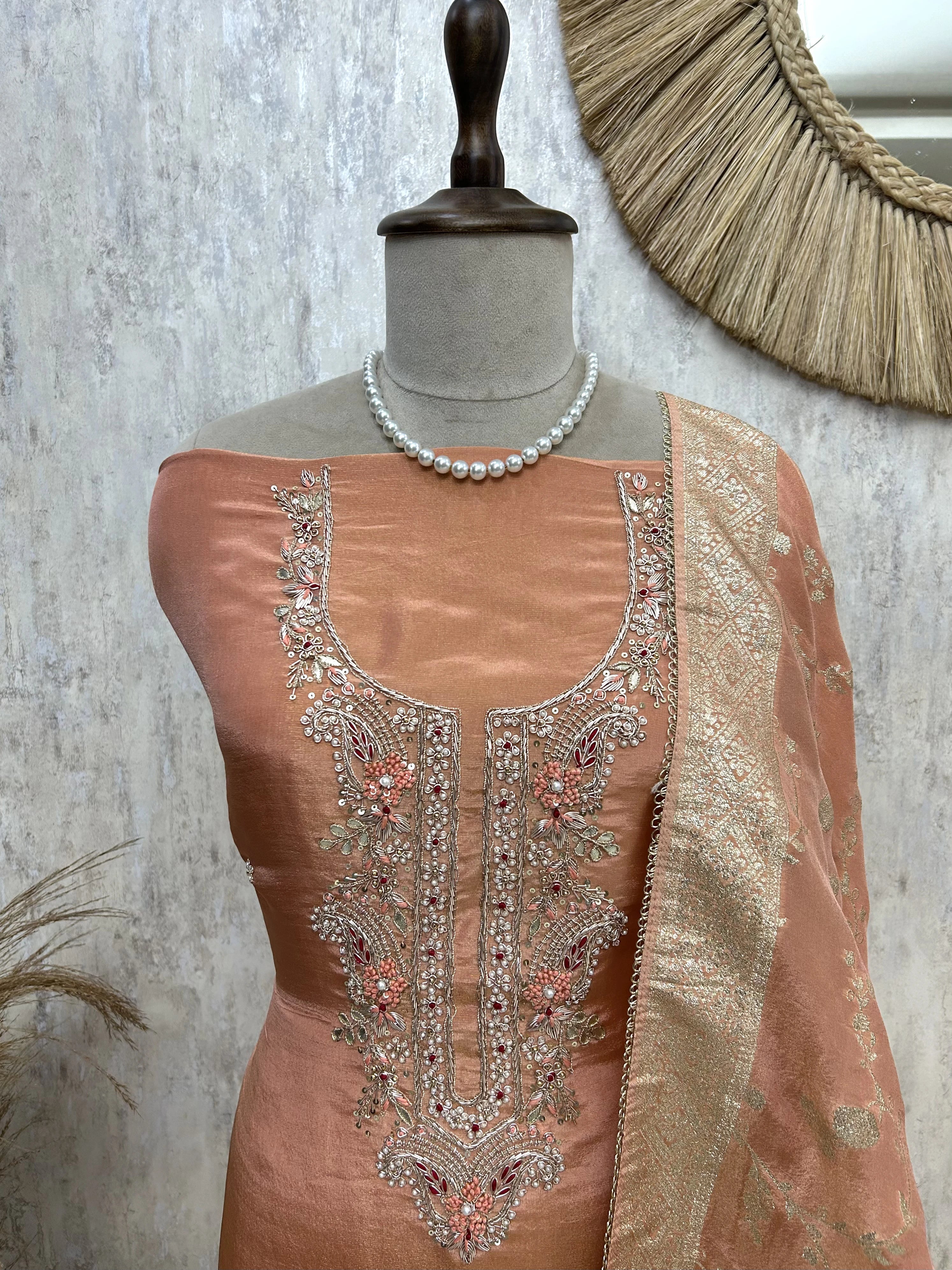 Tissue Silk Unstitched Suit Set With Intricate Handwork