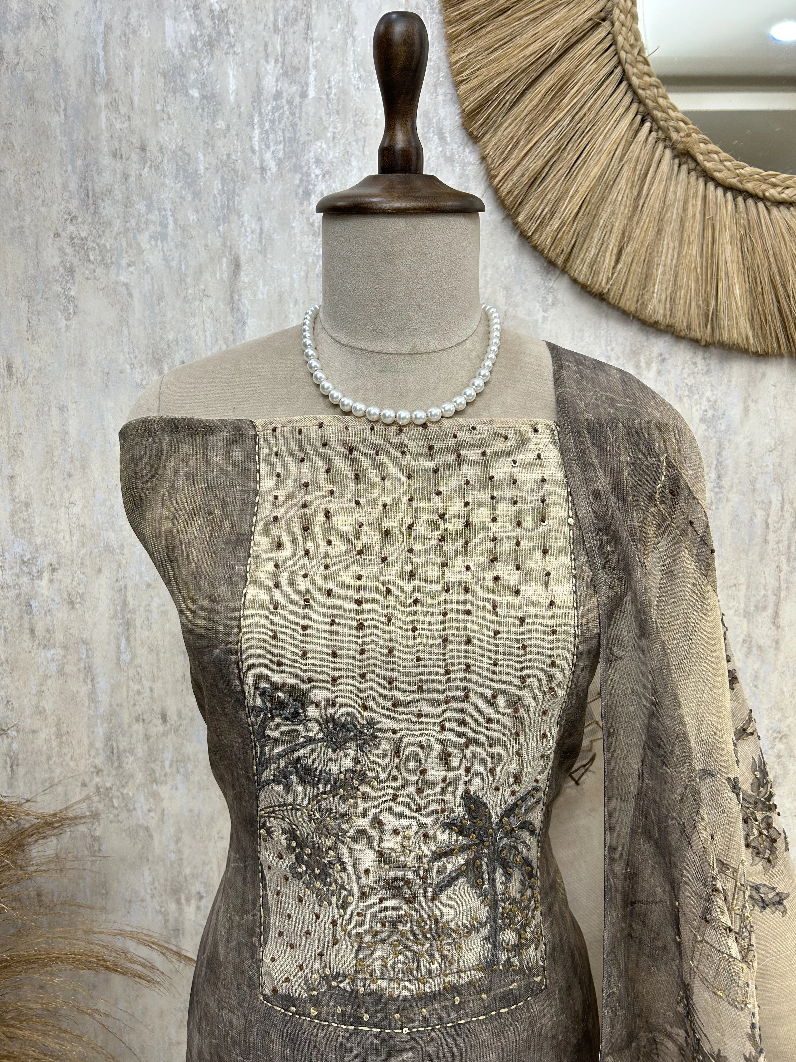 Linen Unstitched Suit Set With All-Over Kantha