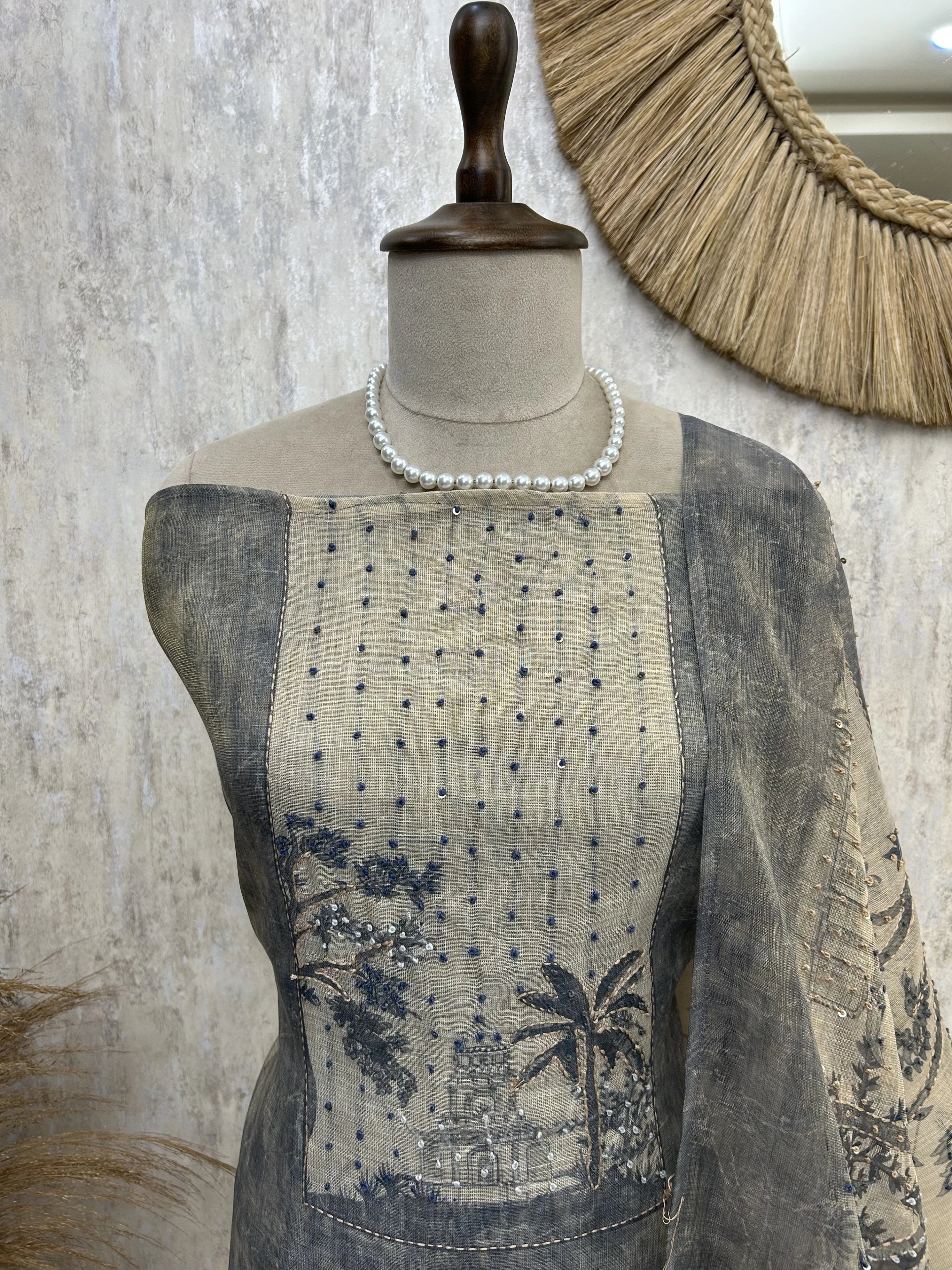 Linen Unstitched Suit Set With All-Over Kantha