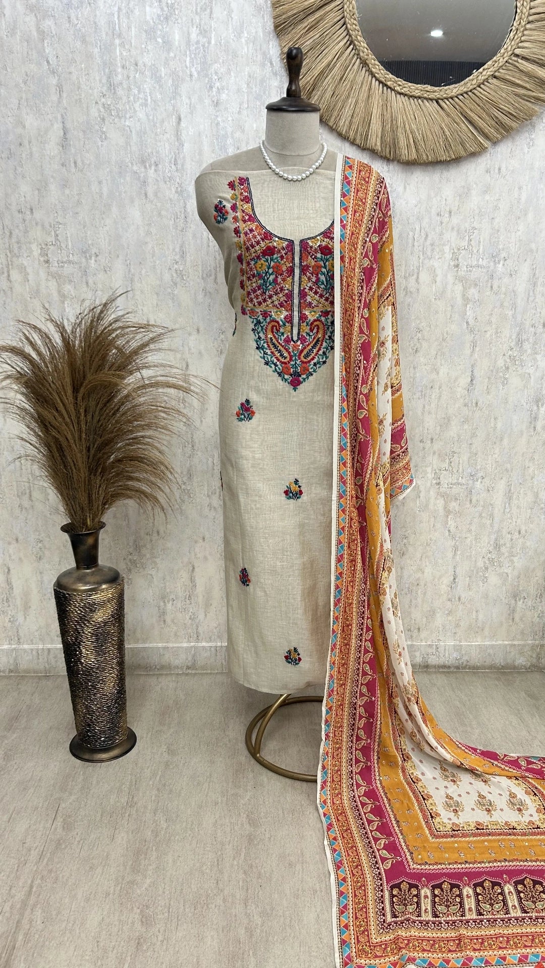 Beige Unstitched suit with Floral Thread Embroidery