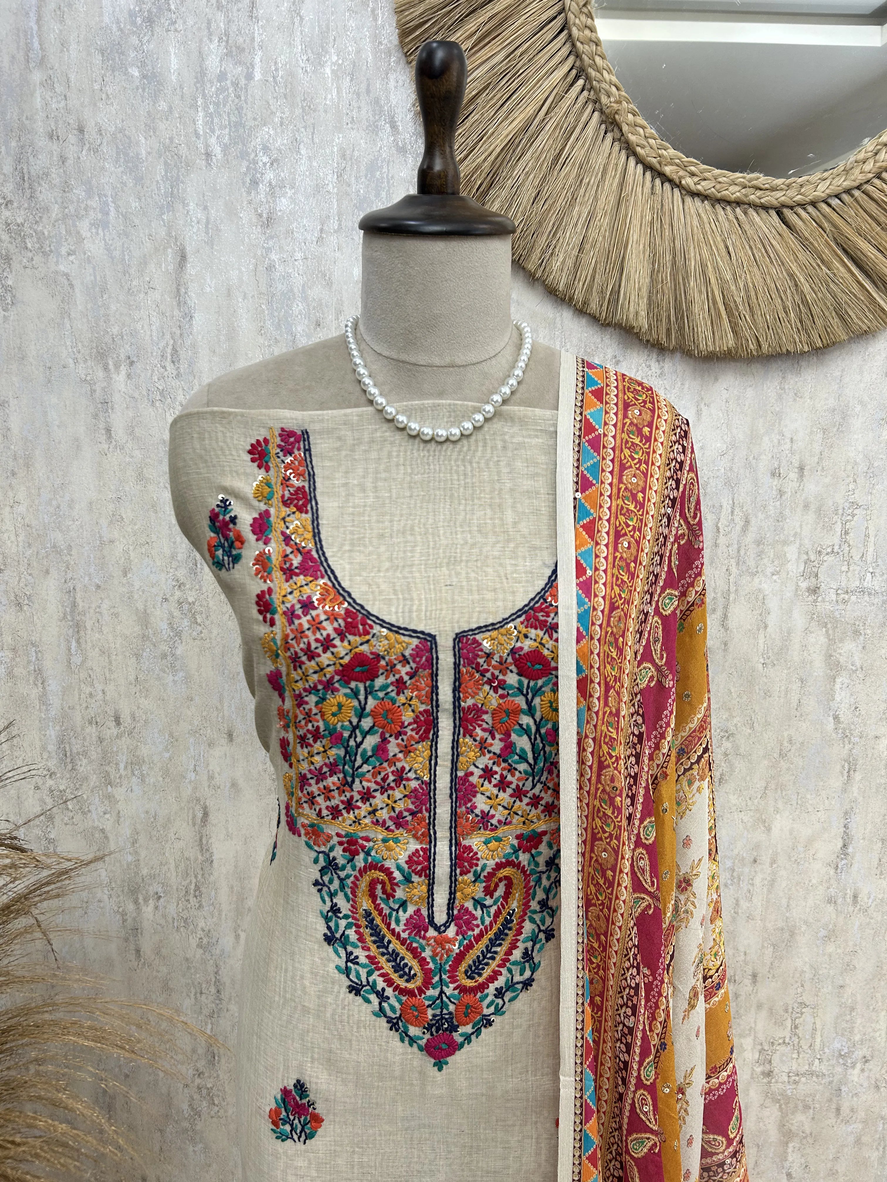 Beige Unstitched suit with Floral Thread Embroidery