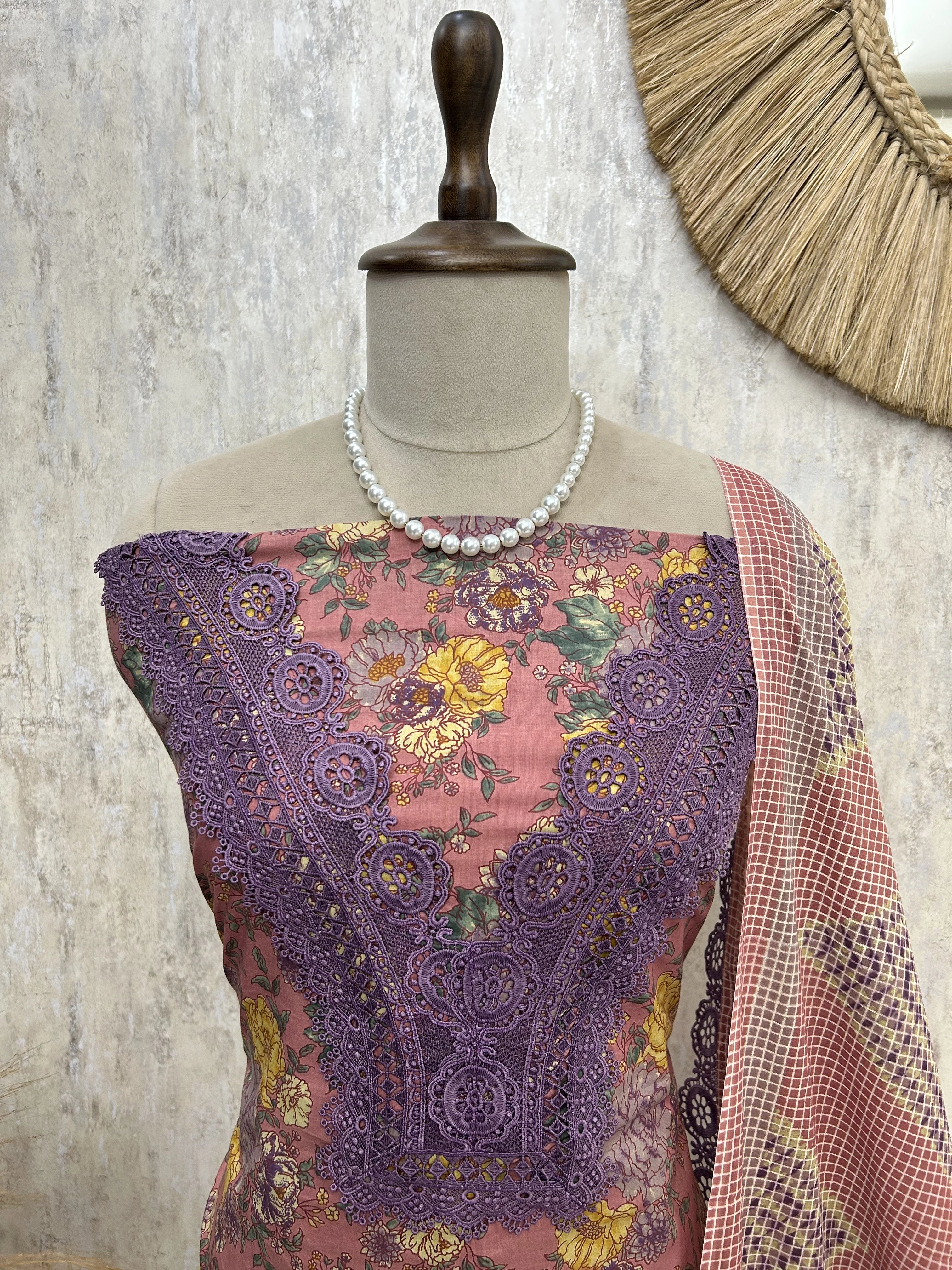 Printed Cotton Unstitched Suit Set With Lace Work