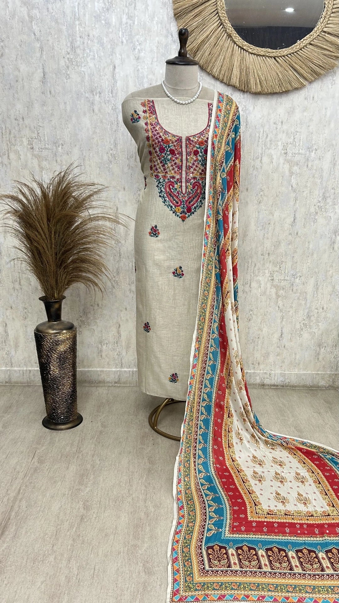 Beige Unstitched suit with Floral Thread Embroidery