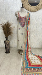 Beige Unstitched suit with Floral Thread Embroidery