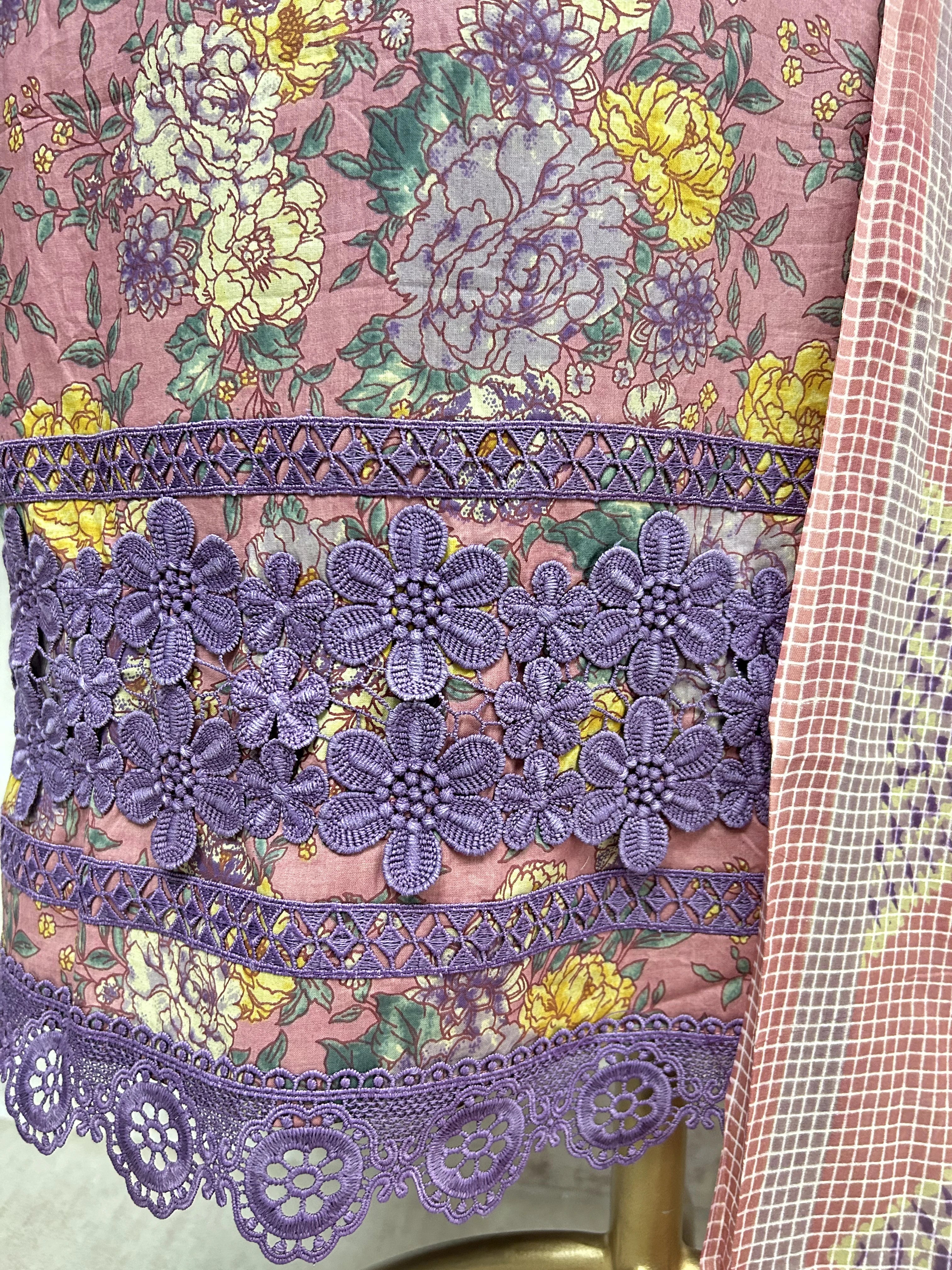 Printed Cotton Unstitched Suit Set With Lace Work