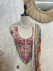 Beige Unstitched suit with Floral Thread Embroidery