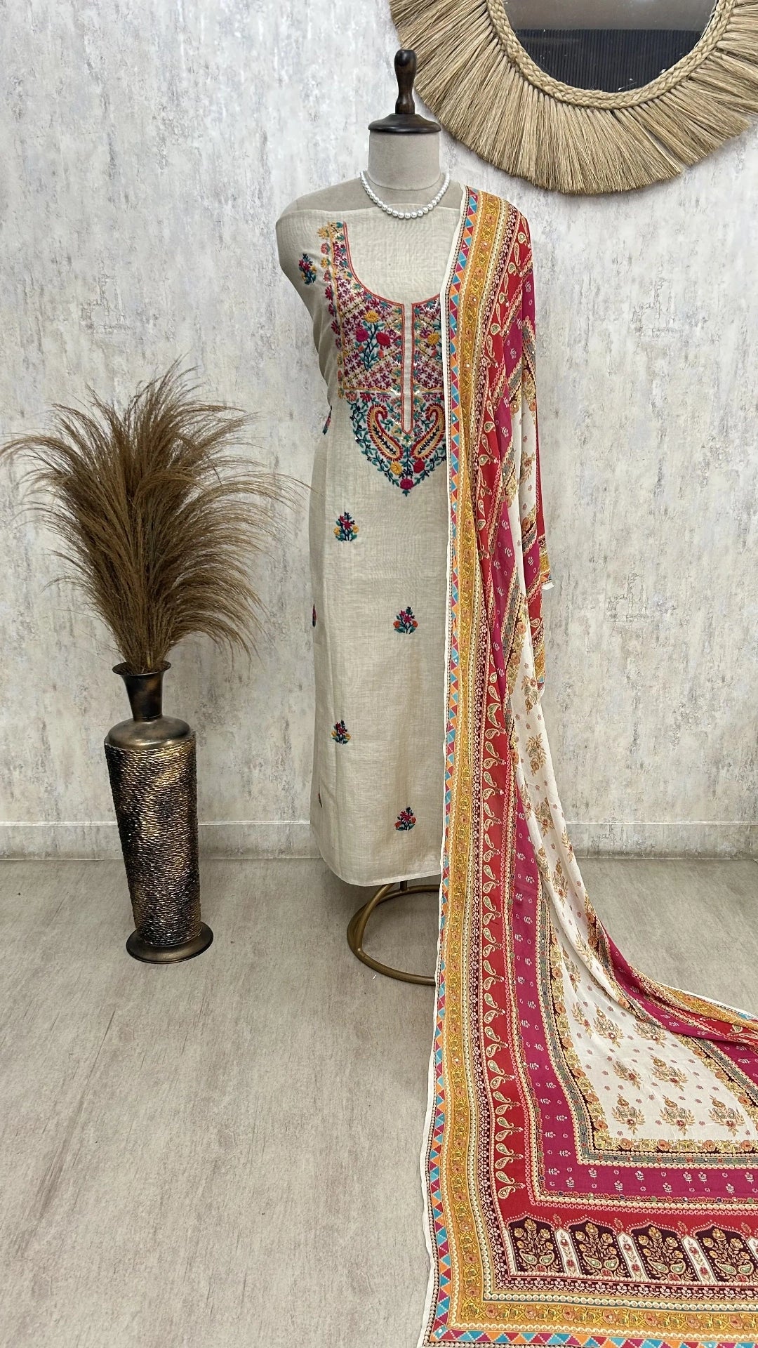Beige Unstitched suit with Floral Thread Embroidery