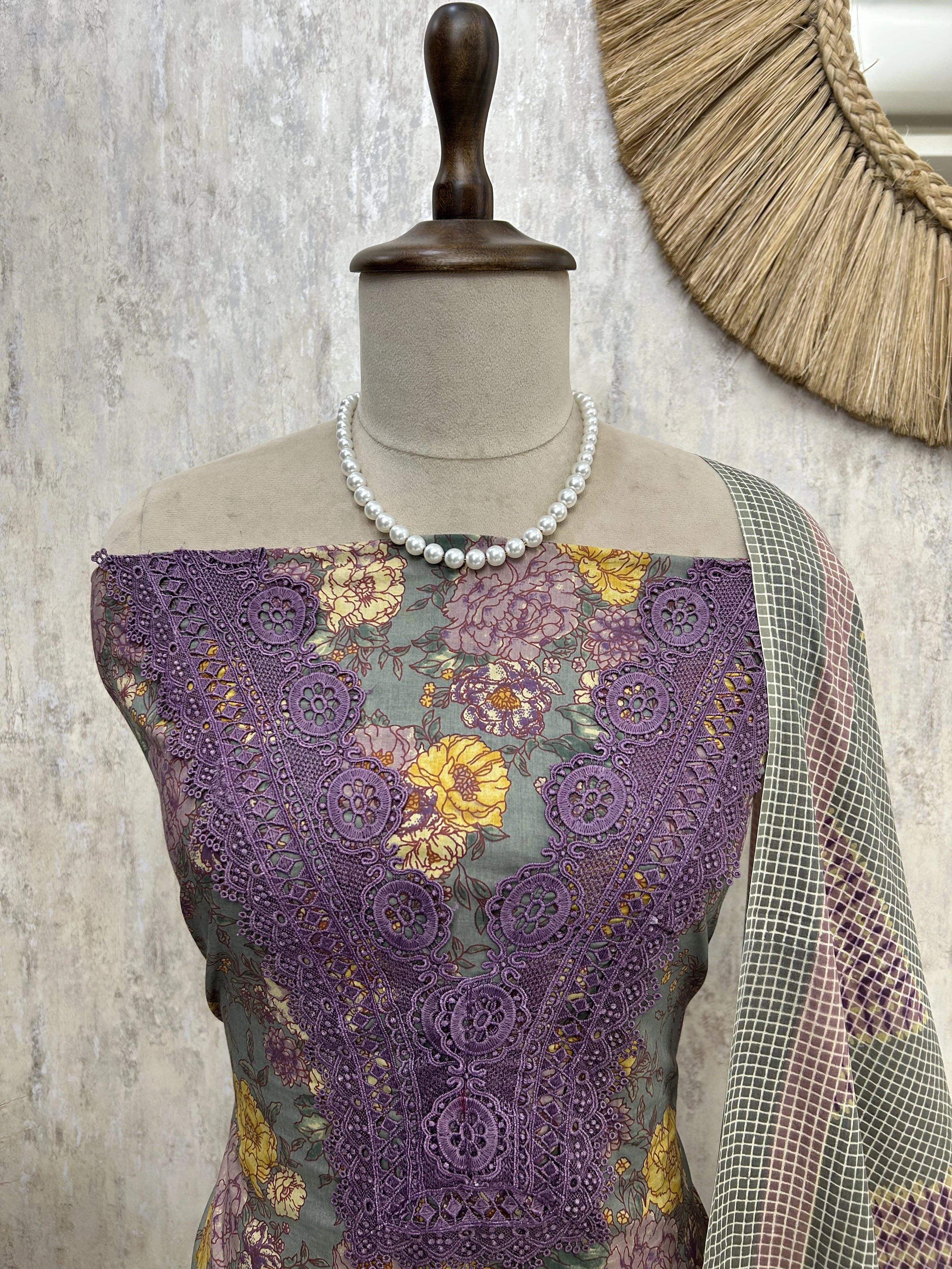 Printed Cotton Unstitched Suit Set With Lace Work