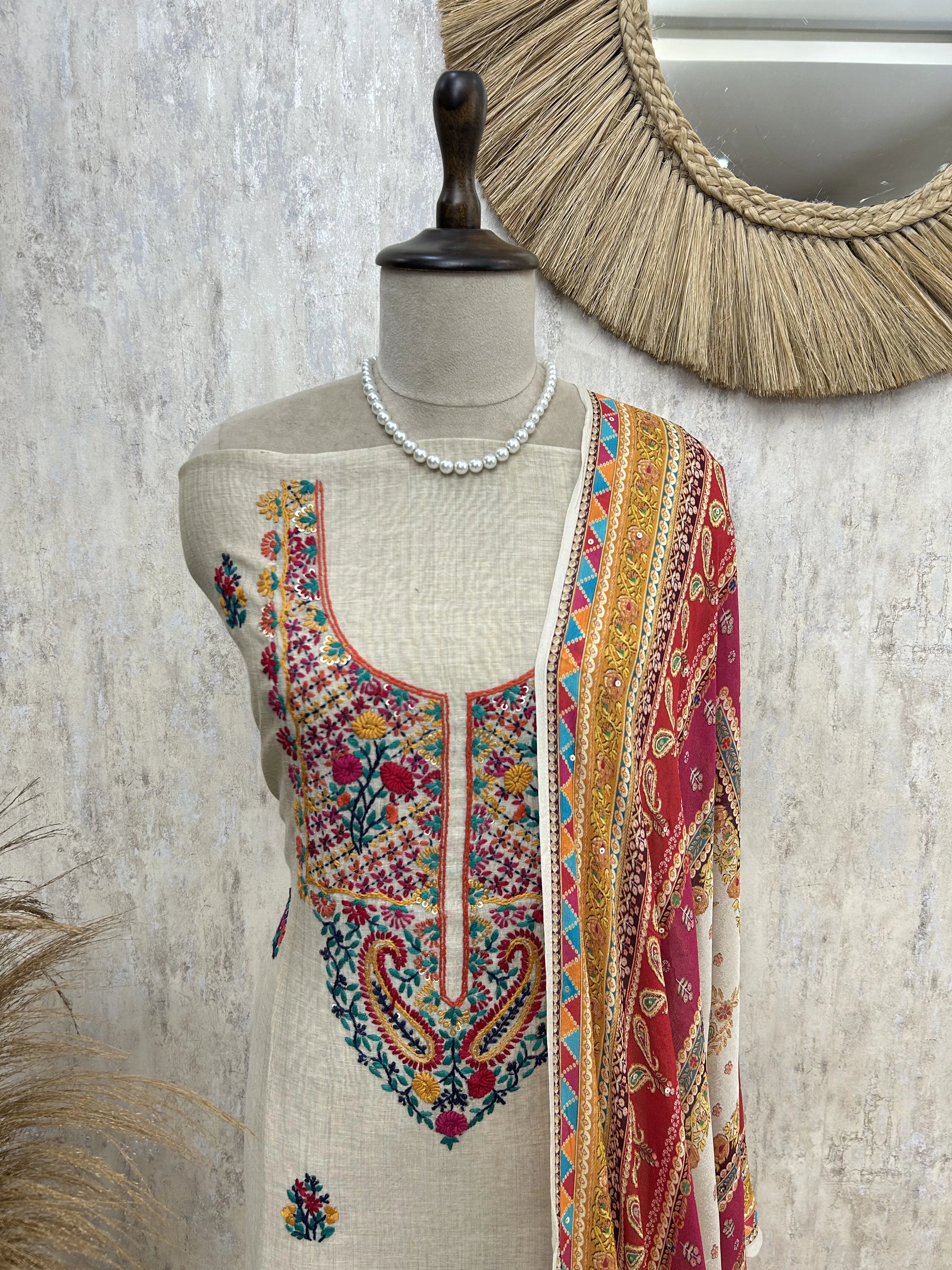 Beige Unstitched suit with Floral Thread Embroidery