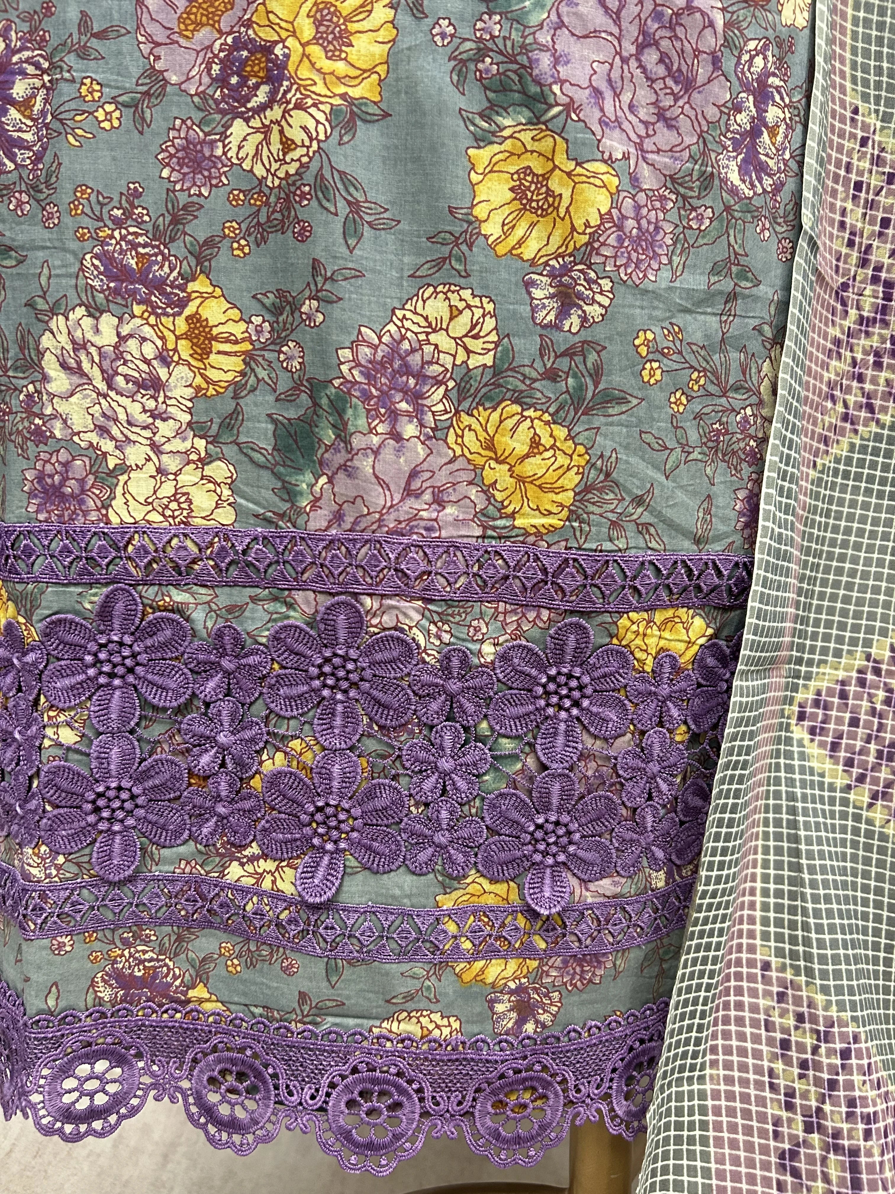 Printed Cotton Unstitched Suit Set With Lace Work
