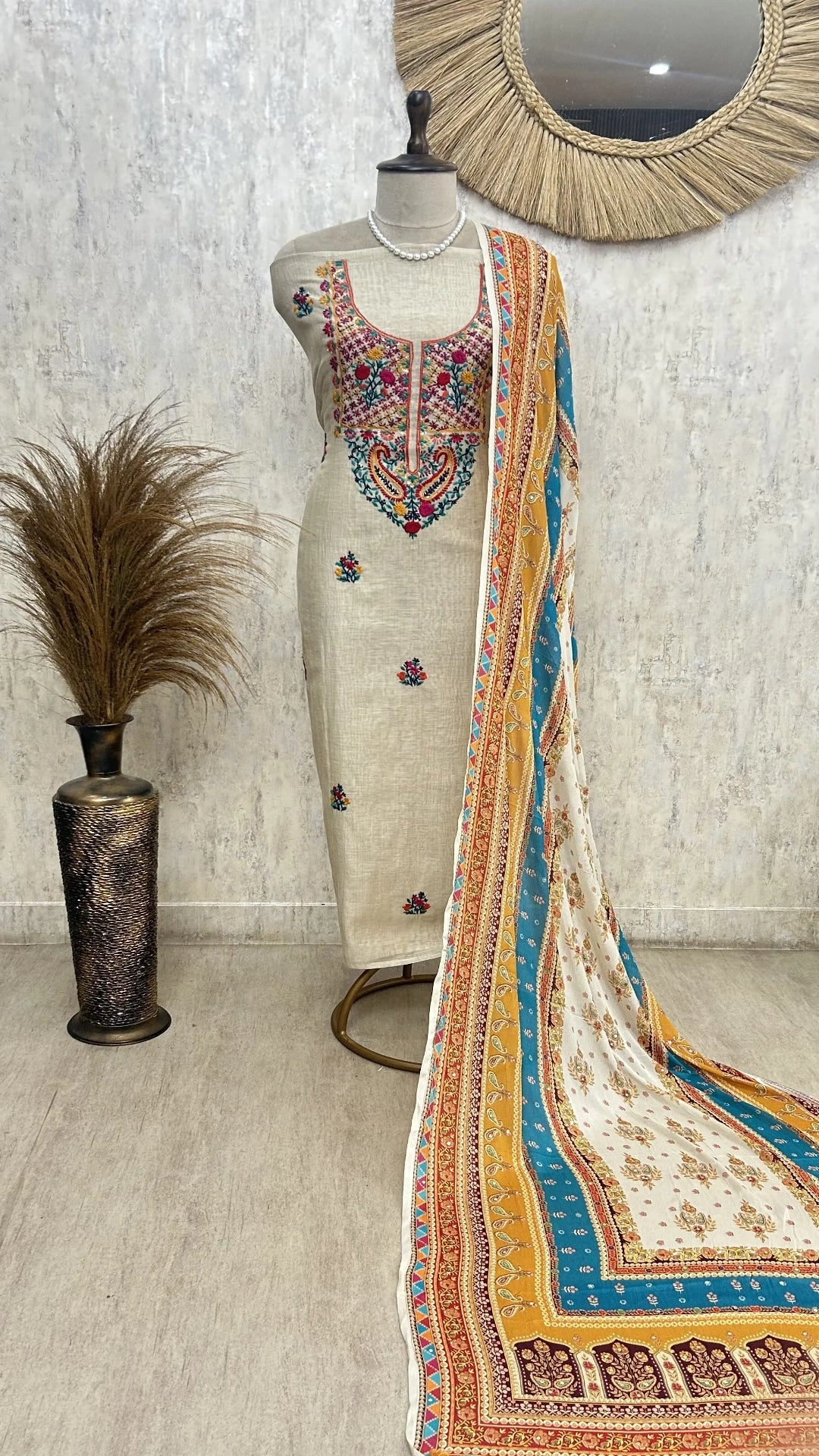 Beige Unstitched suit with Floral Thread Embroidery