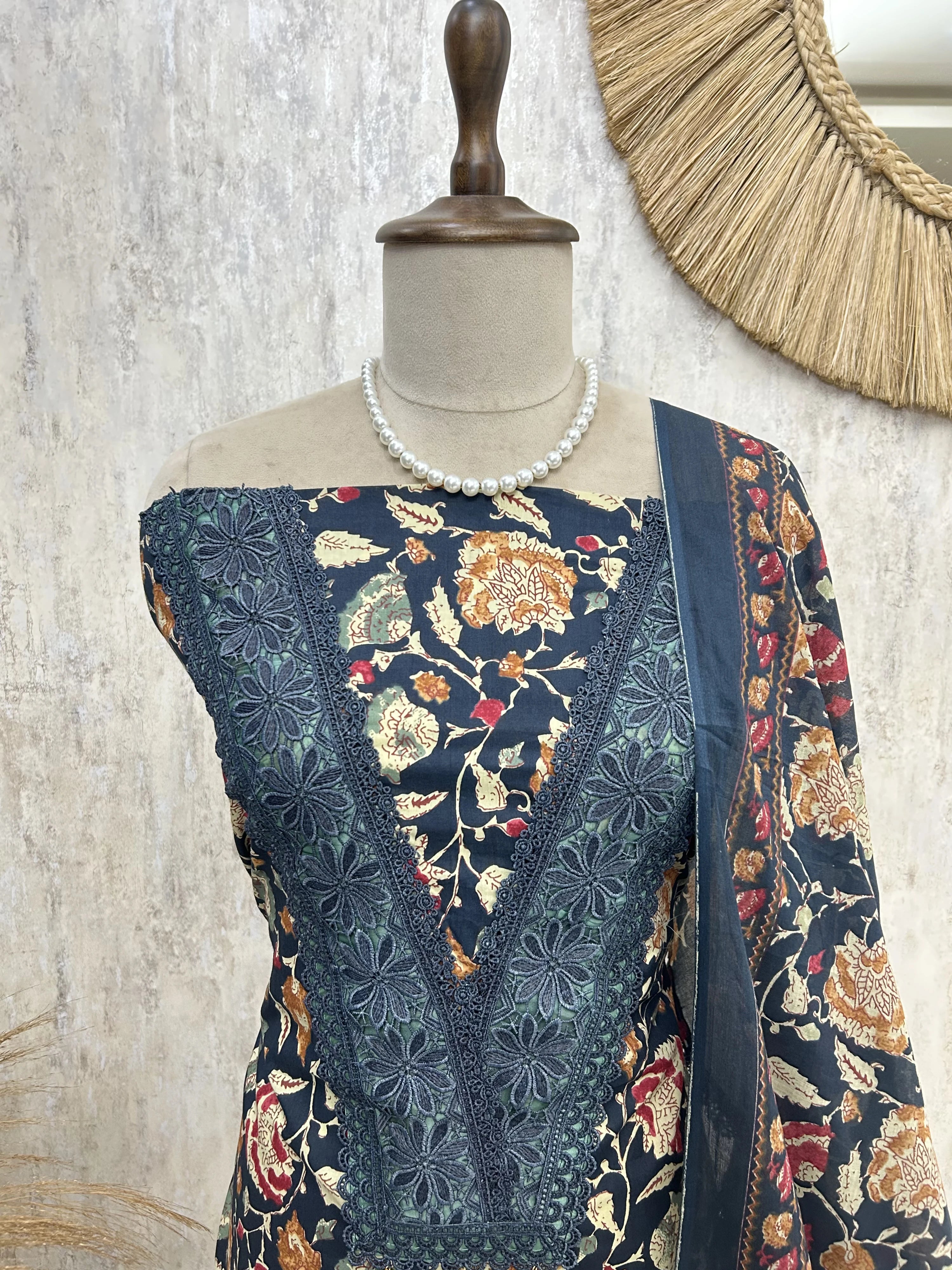 Printed Cotton Unstitched Suit Set With Lace Work