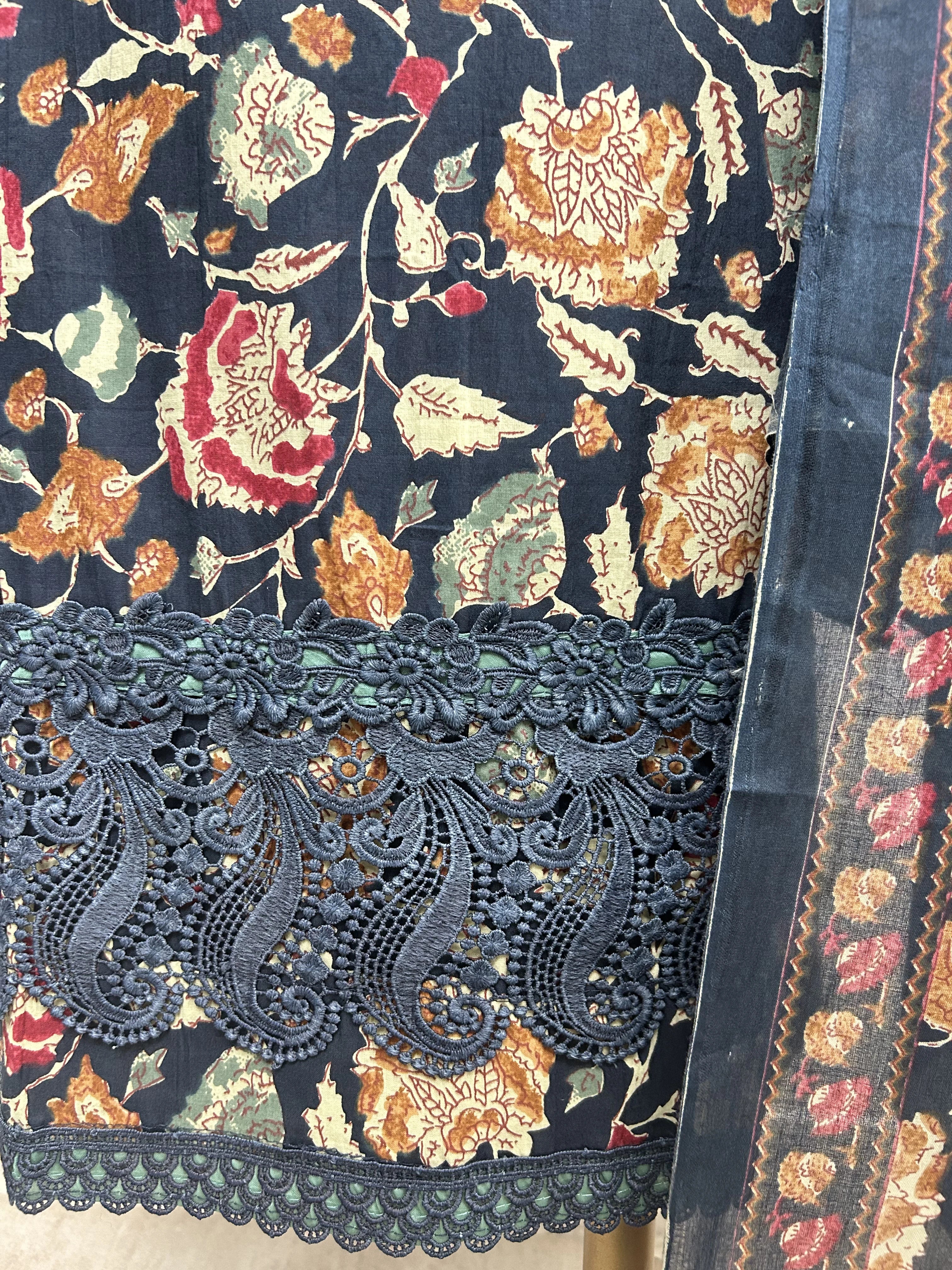 Printed Cotton Unstitched Suit Set With Lace Work