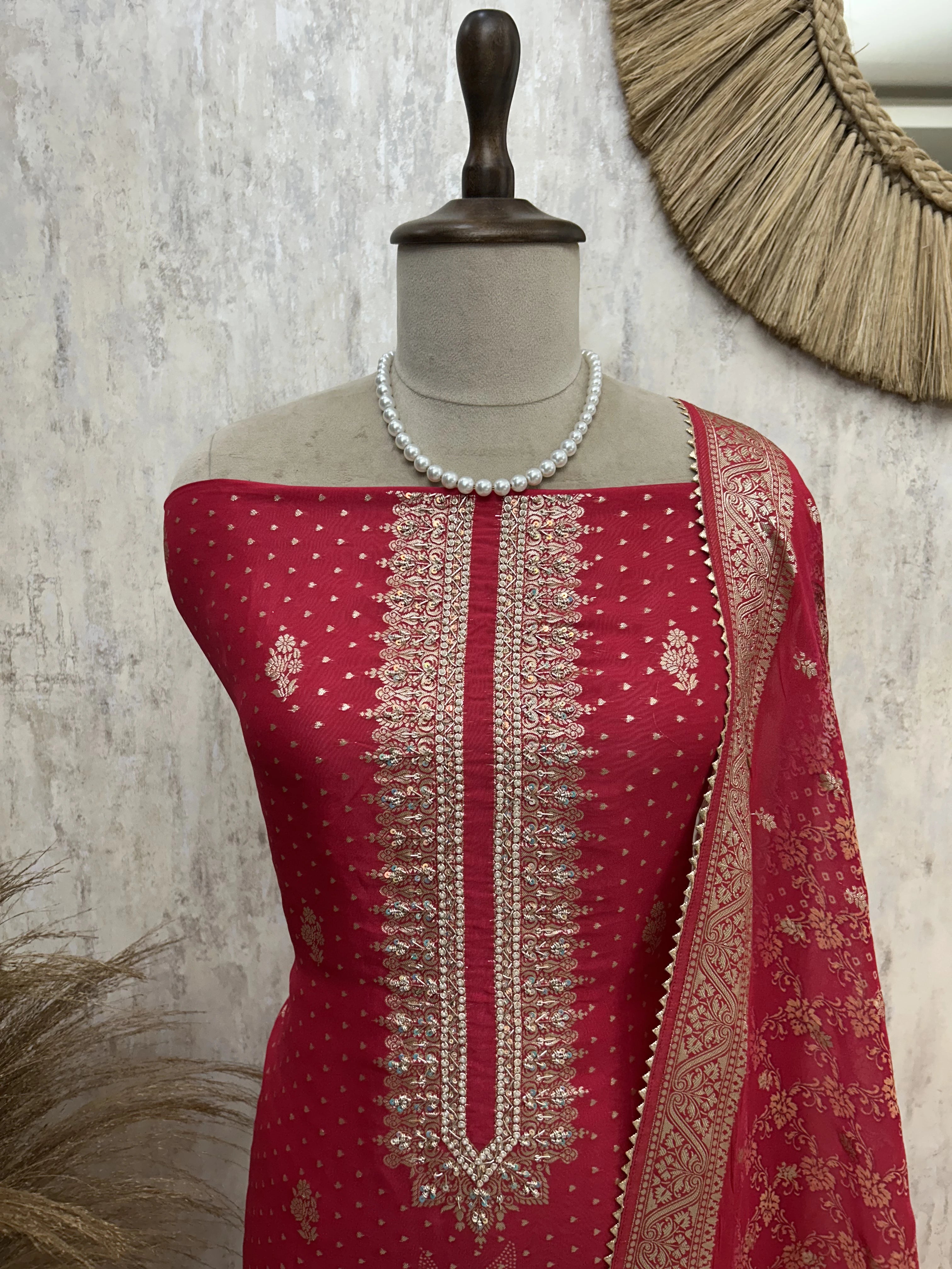 Organza Unstitched Suit Set With Hand Work on Necktie