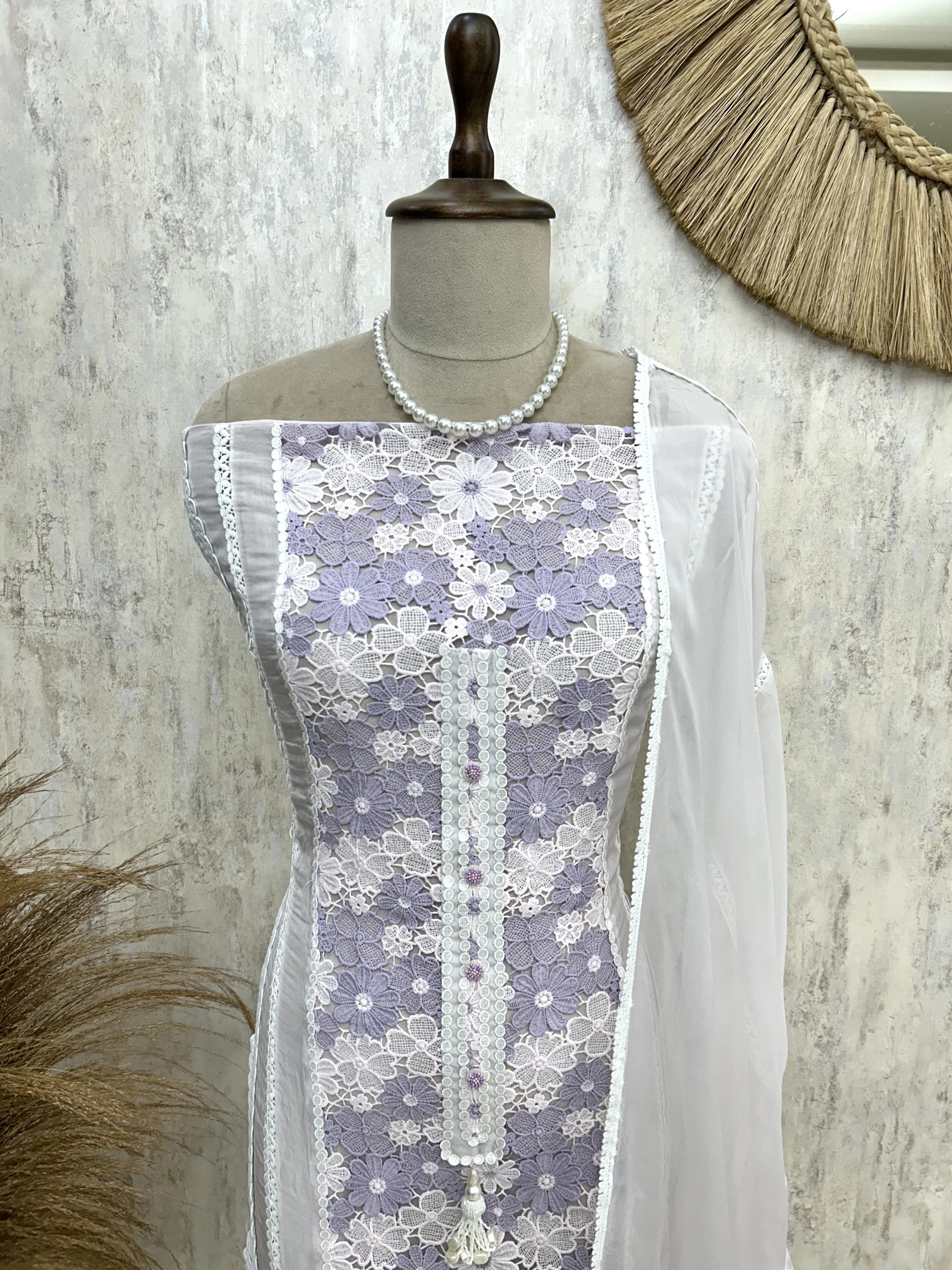 Organza Unstitched Suit Set Featuring Qureshia Lace