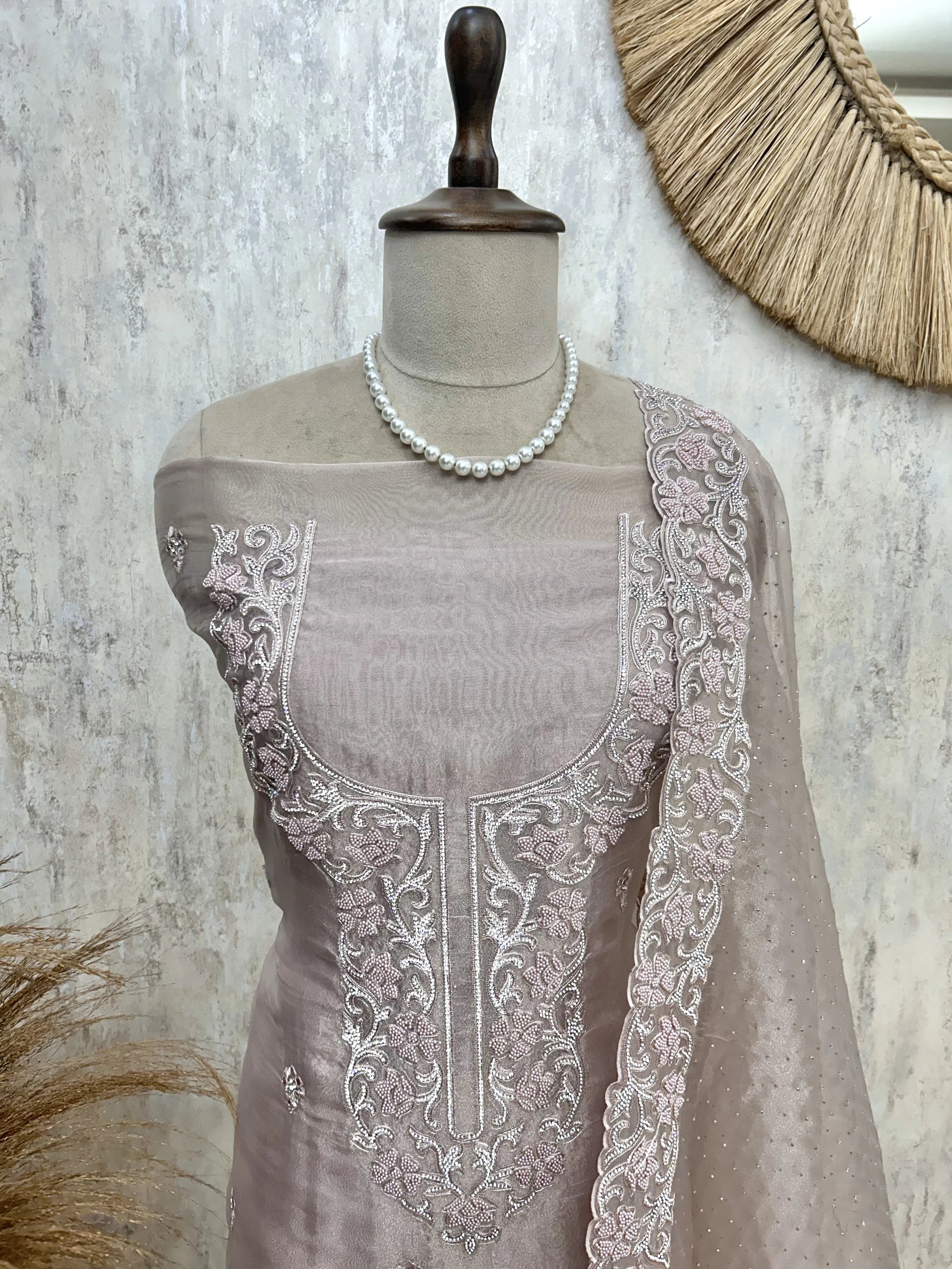 Glass Organza Unstitched Suit Set With Rhinestone Work