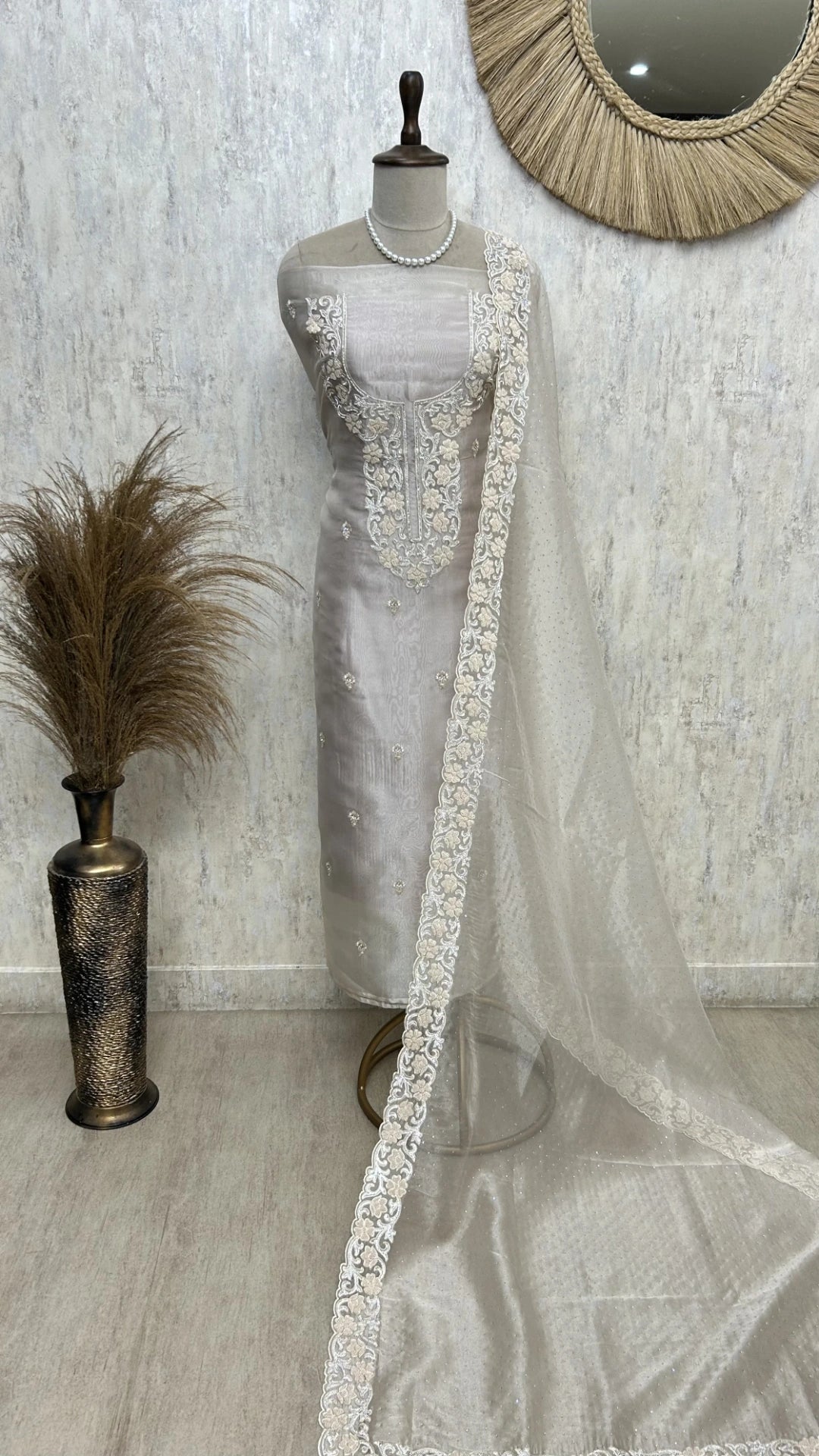 Glass Organza Unstitched Suit Set With Rhinestone Work