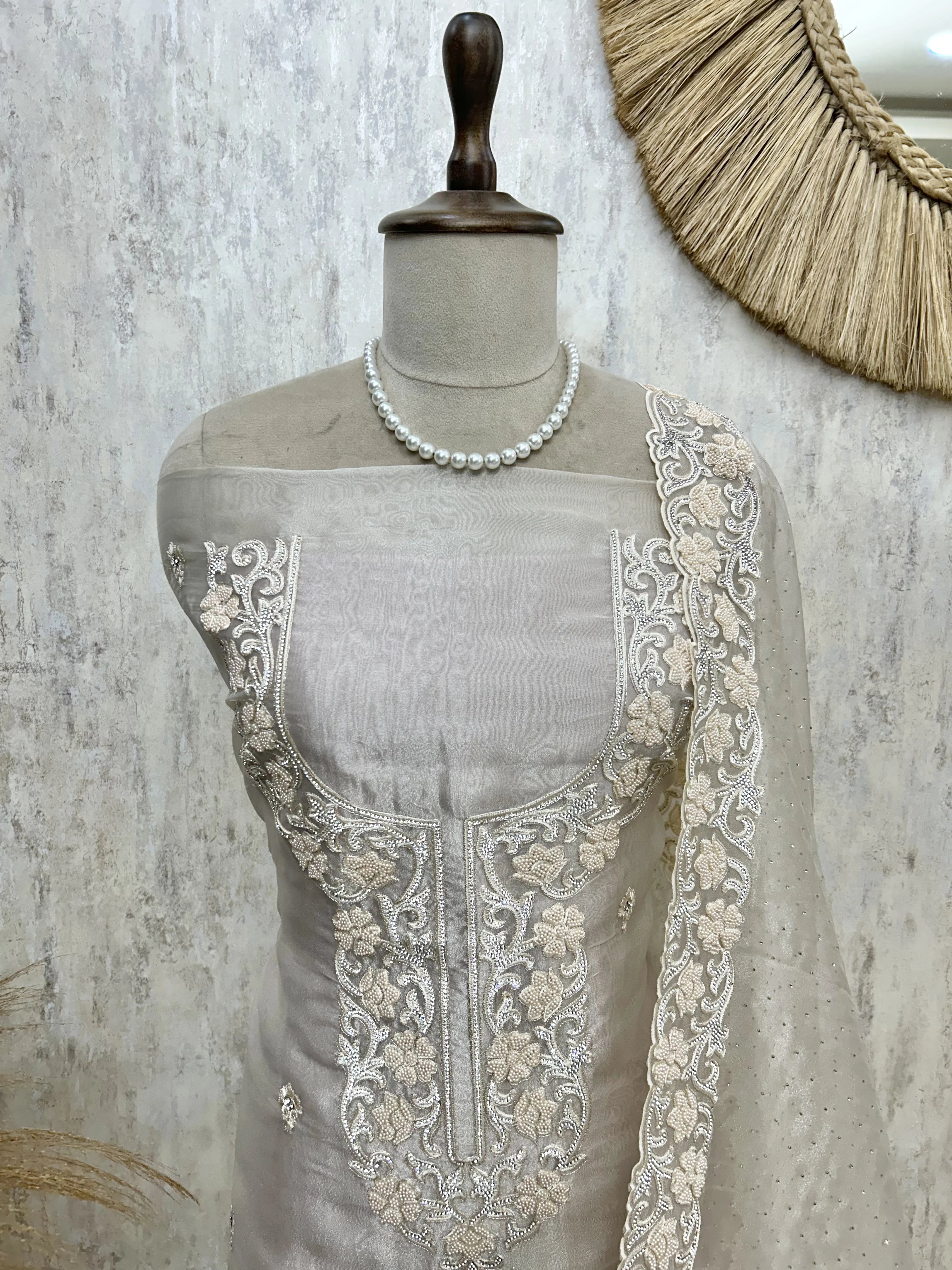 Glass Organza Unstitched Suit Set With Rhinestone Work