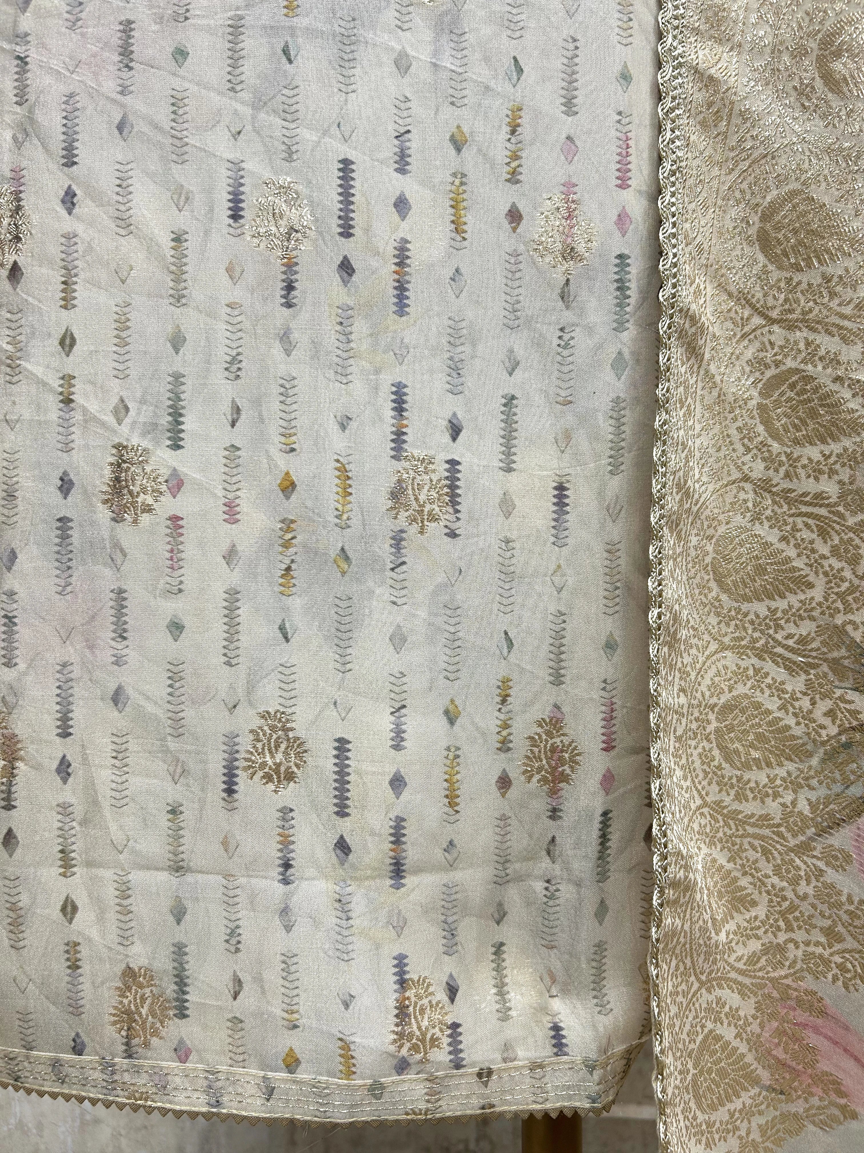 Tissue Unstitched Suit Set With Zari & Mirror Work