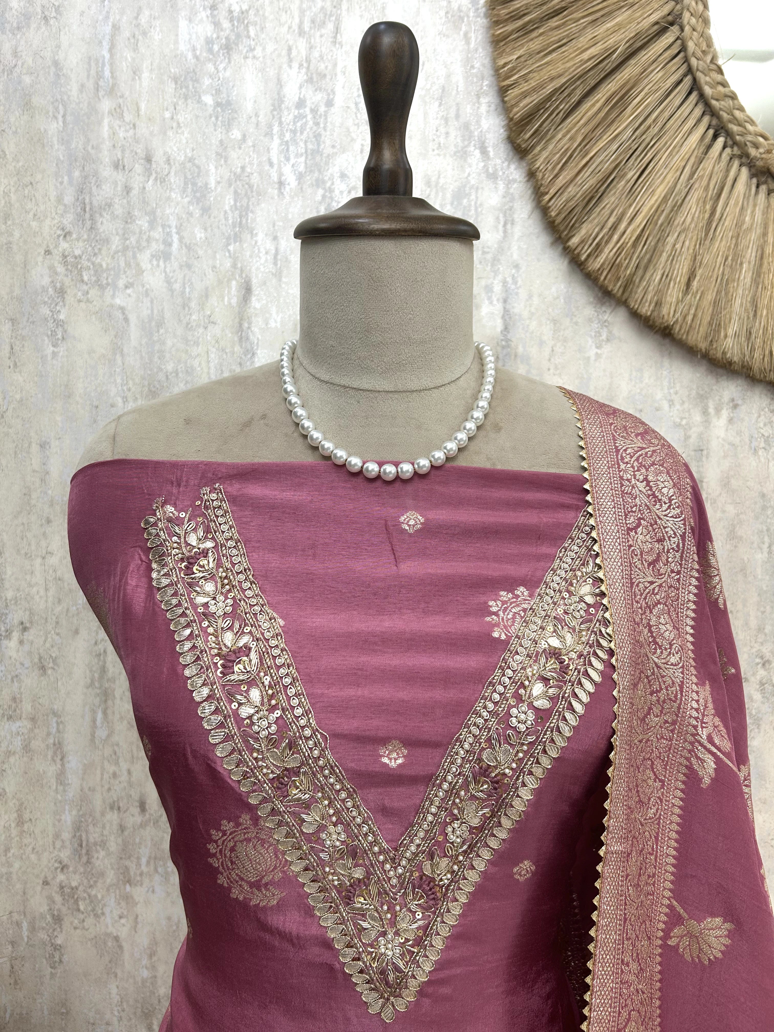 Dola Silk Unstitched Suit Set With Zardosi