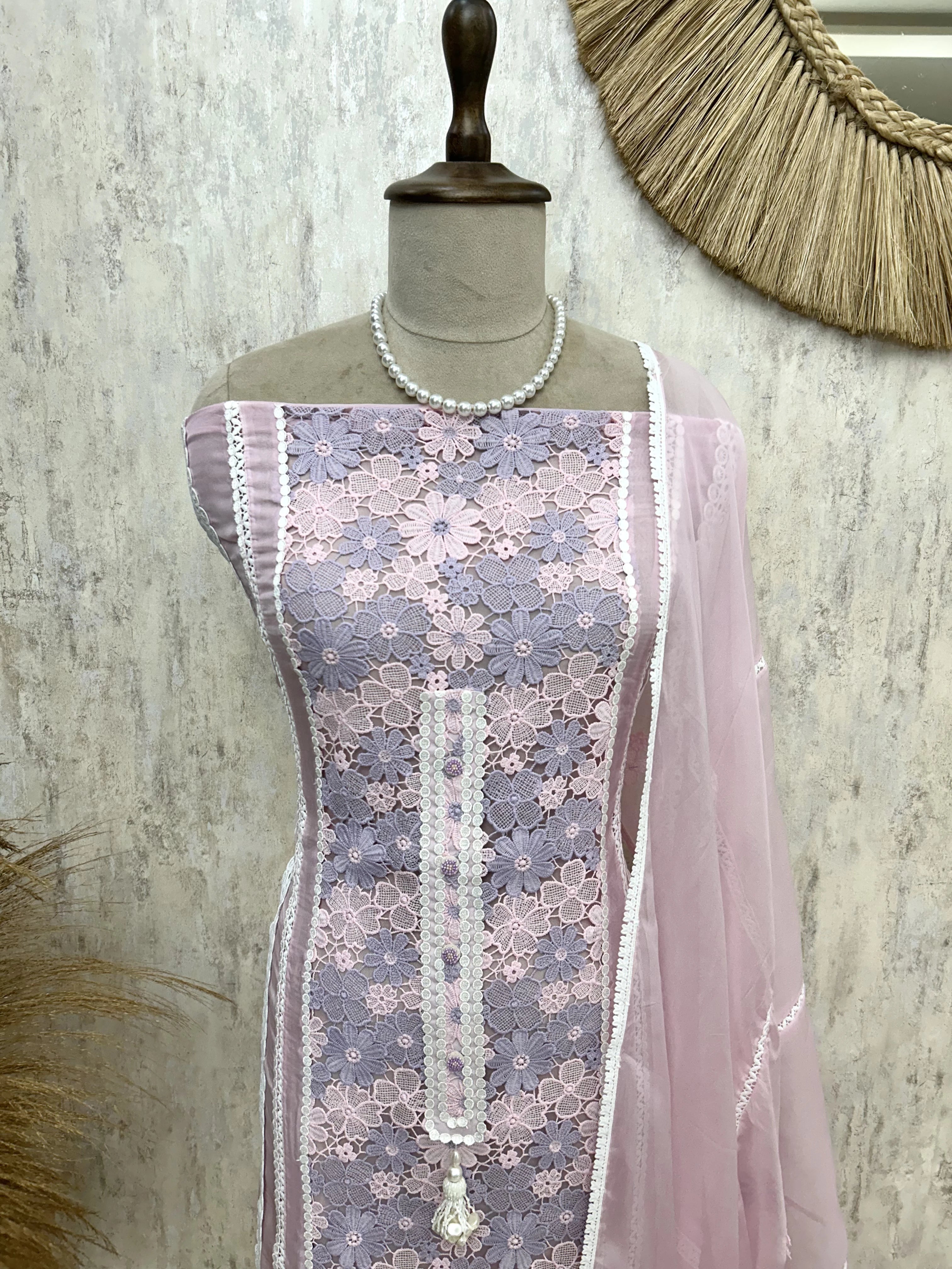 Organza Unstitched Suit Set Featuring Qureshia Lace