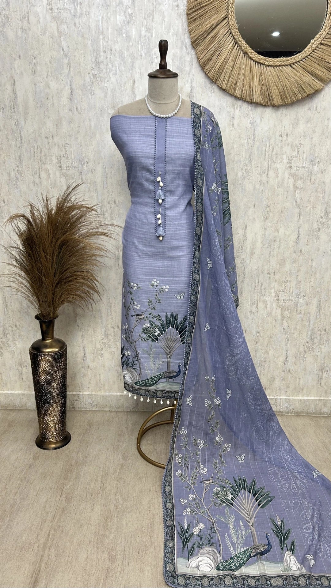 Linen Cotton Pichwai Peacock Print Unstitched Suit Set