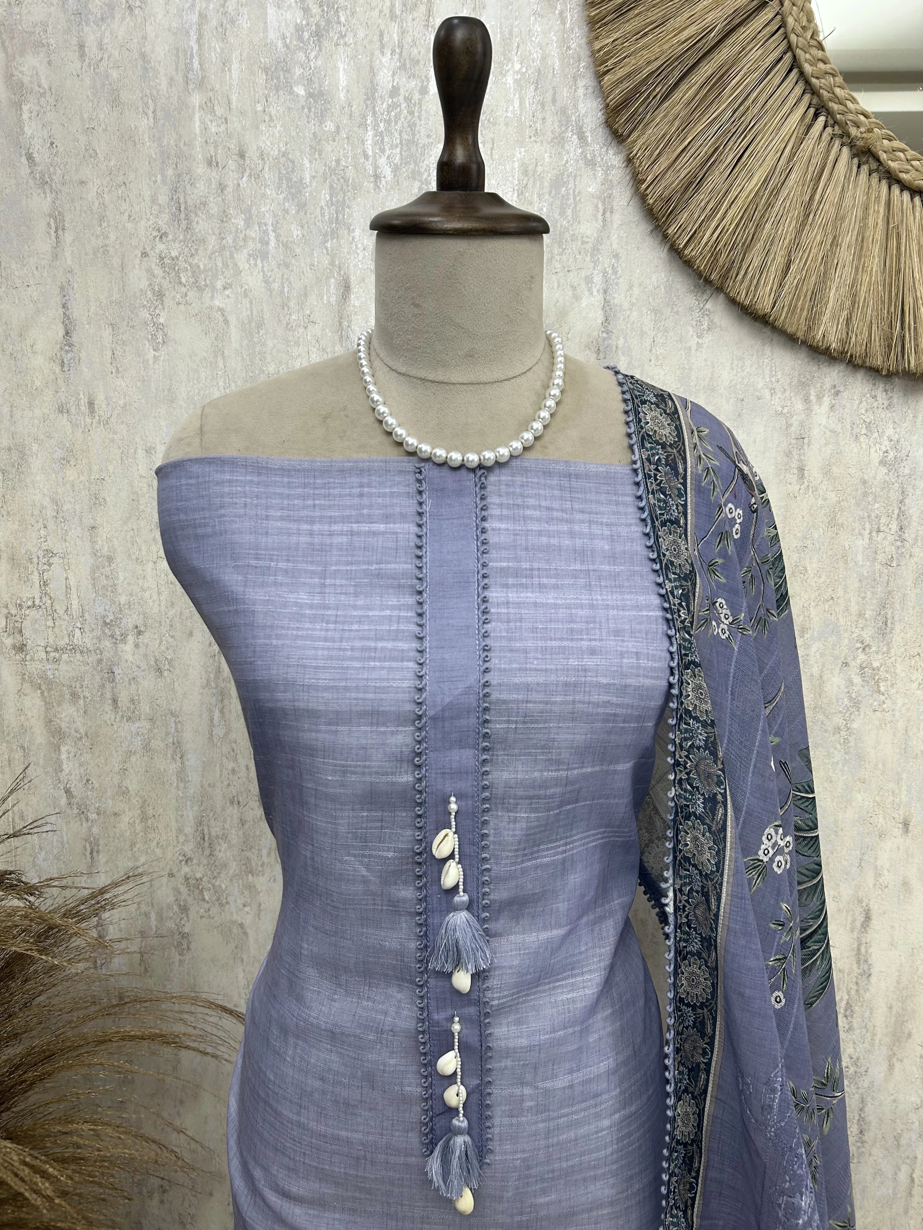 Linen Cotton Pichwai Peacock Print Unstitched Suit Set
