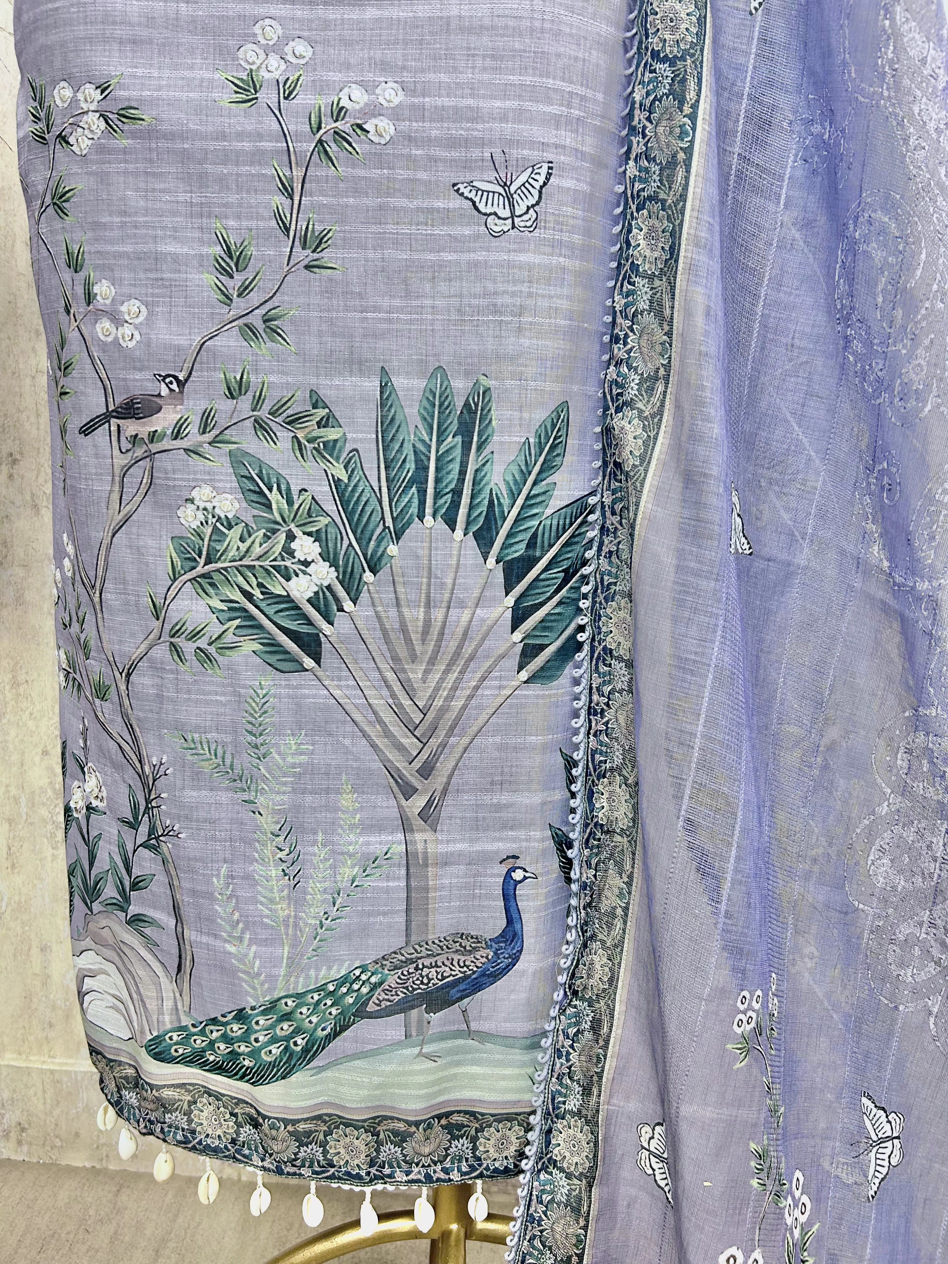 Linen Cotton Pichwai Peacock Print Unstitched Suit Set