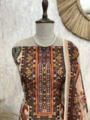 Ikat Print on Linen Cotton Unstitched Suit Set