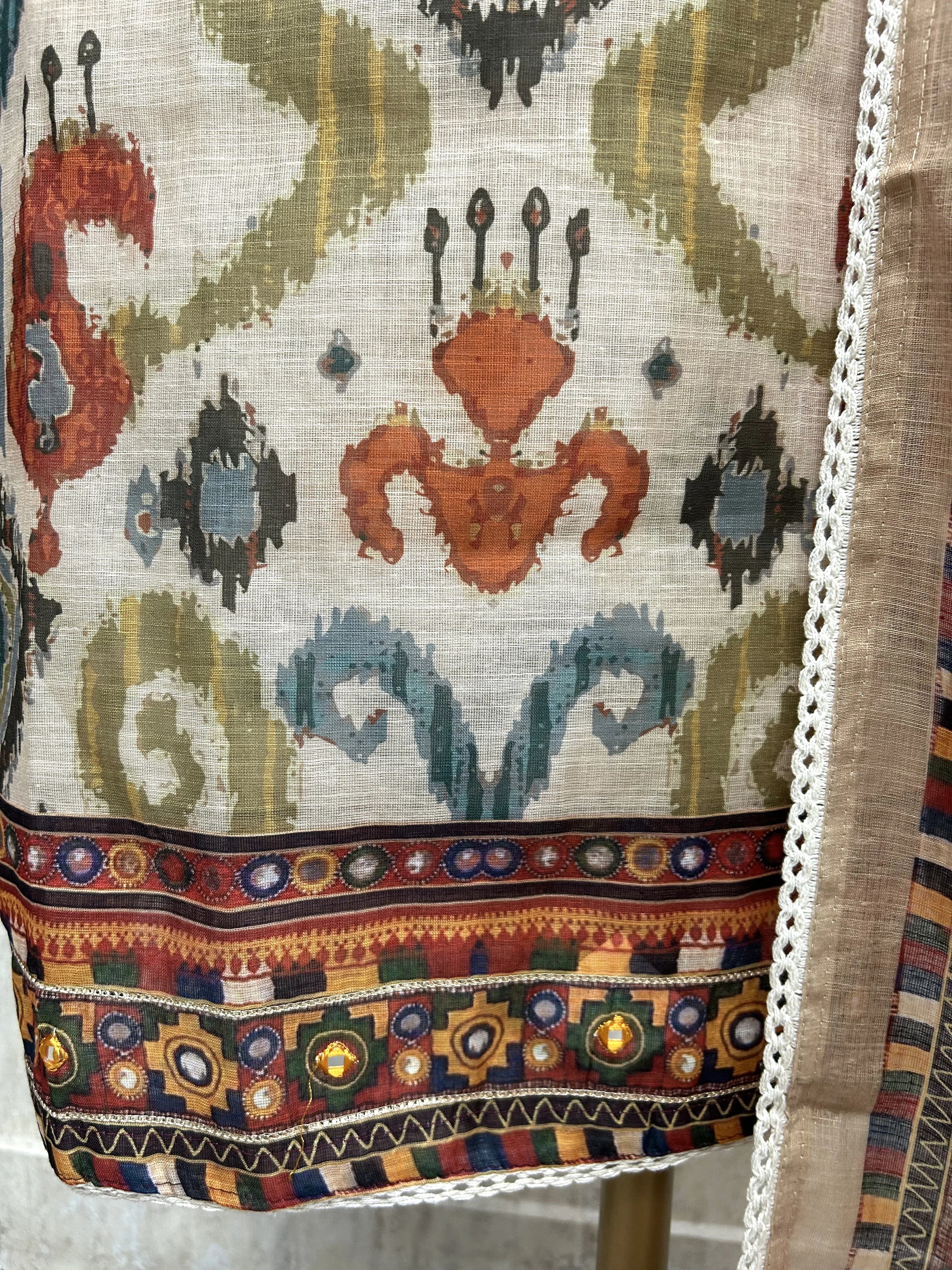 Ikat Print on Linen Cotton Unstitched Suit Set
