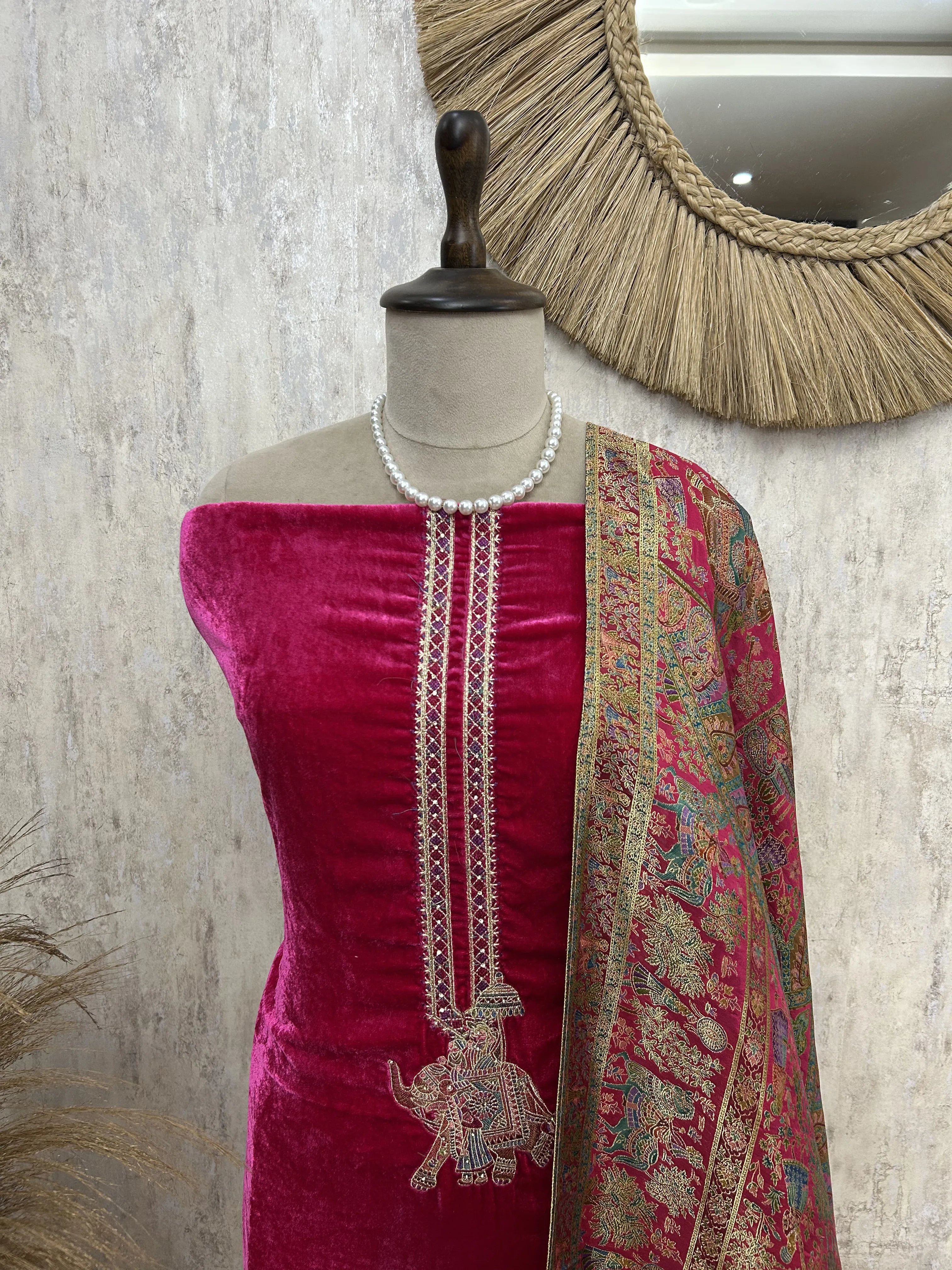 Velvet Unstitched suit with elephant motif