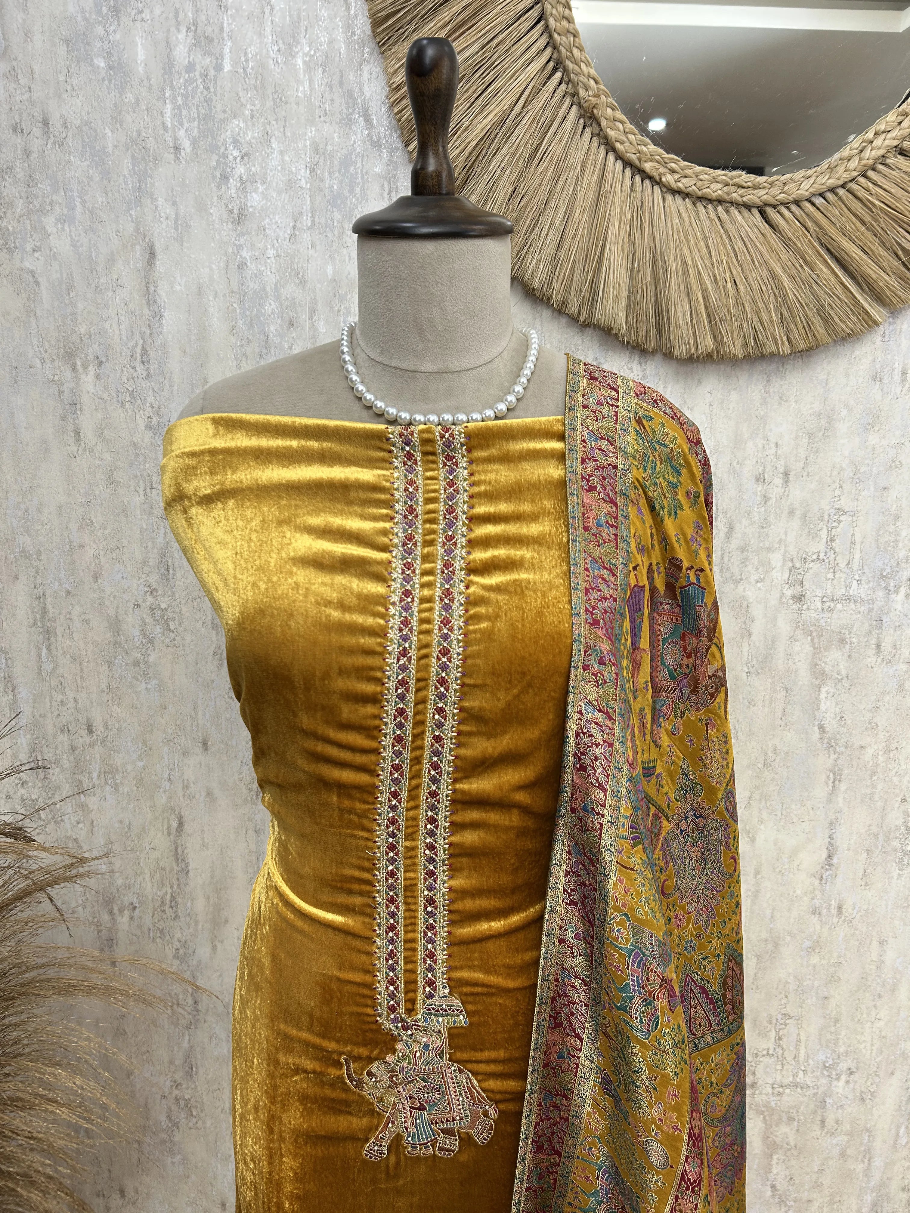 Velvet Unstitched suit with elephant motif