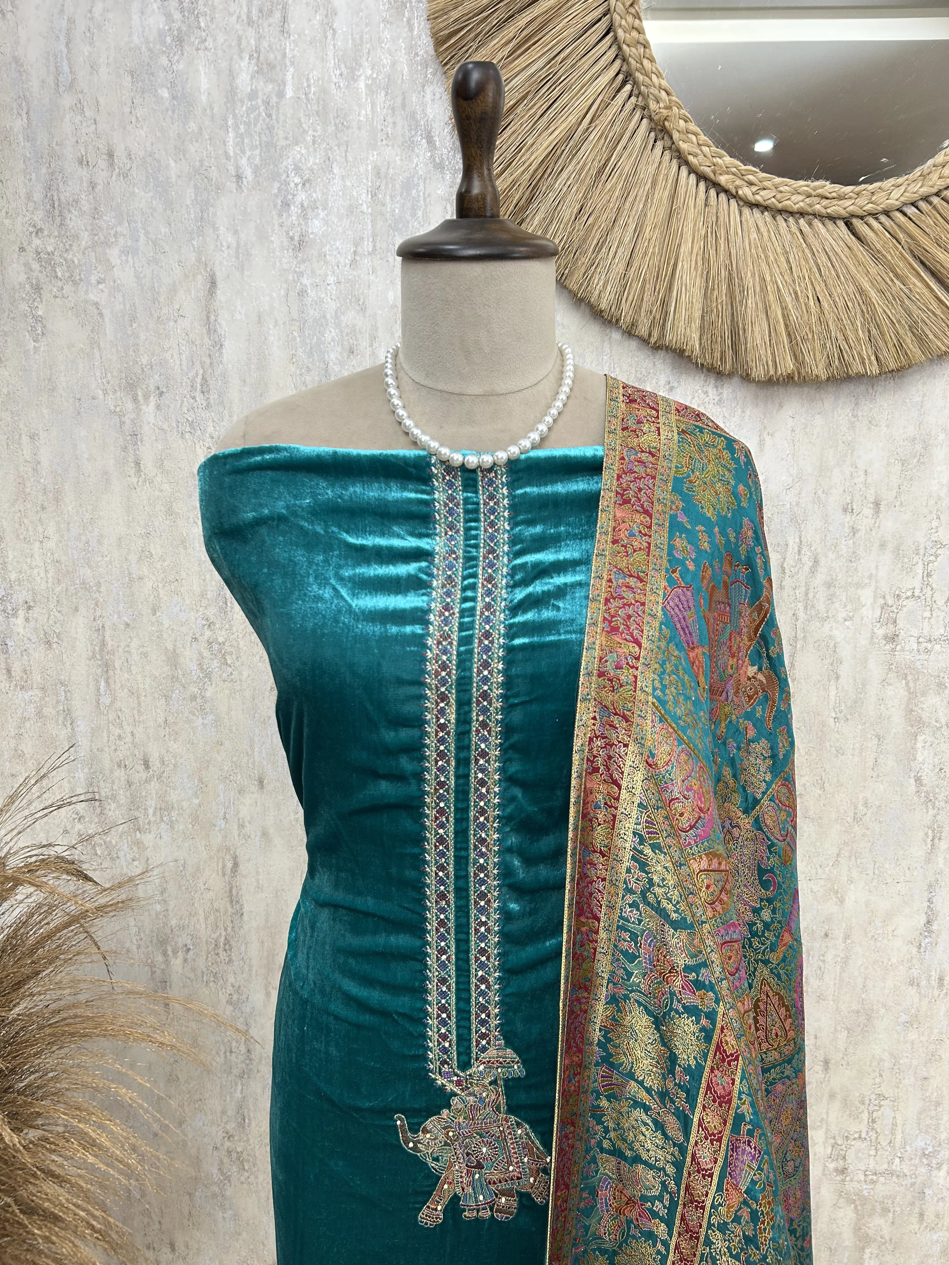 Velvet Unstitched suit with elephant motif