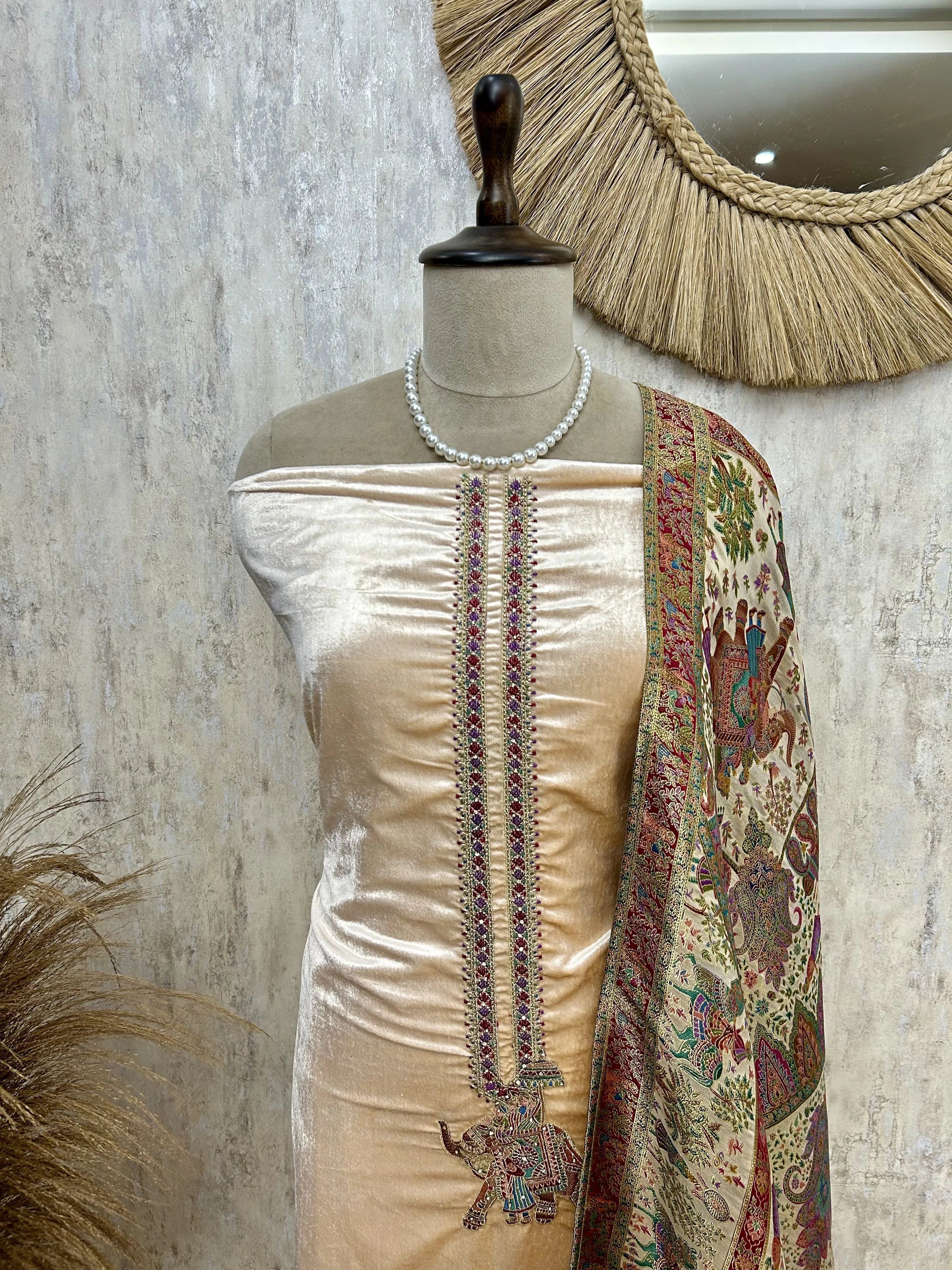 Velvet Unstitched suit with elephant motif