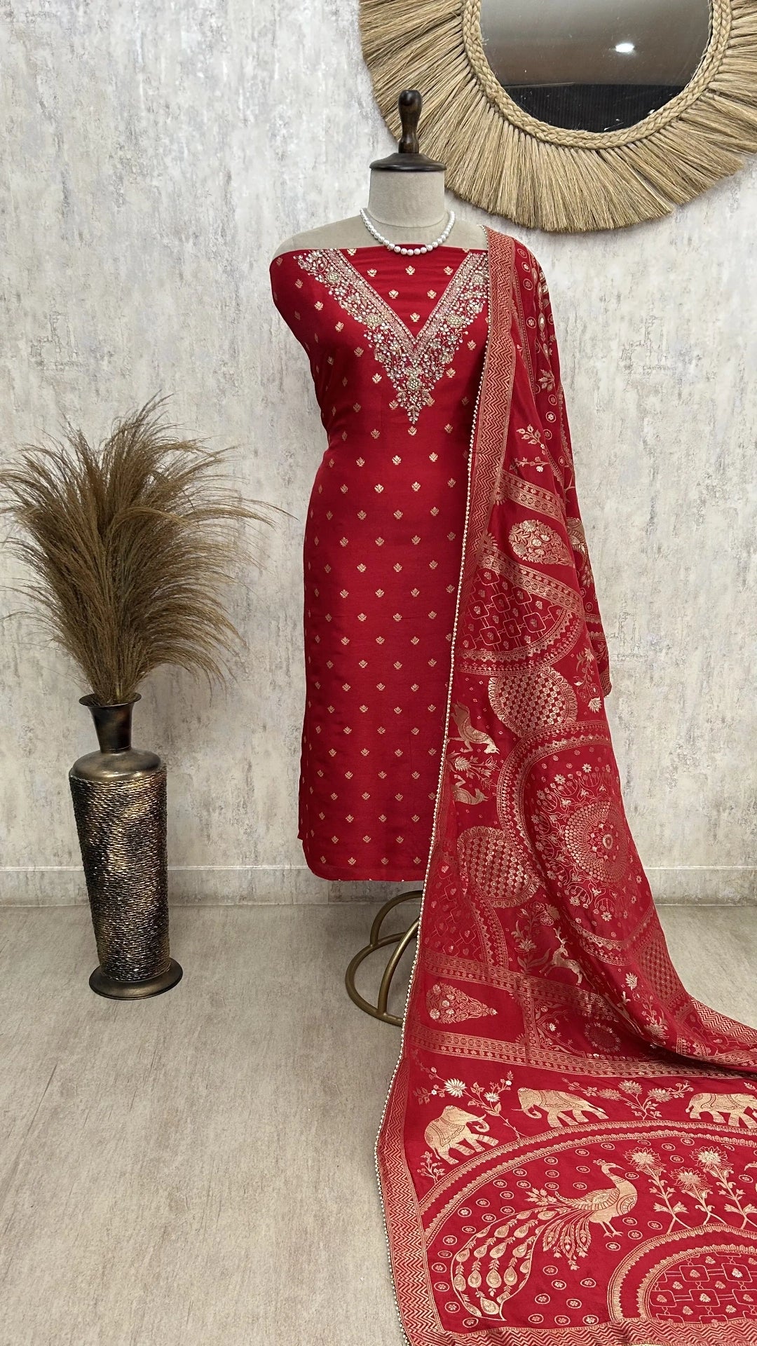 Dola Silk Unstitched suit with V neckline