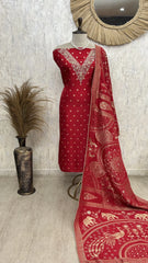 Dola Silk Unstitched suit with V neckline