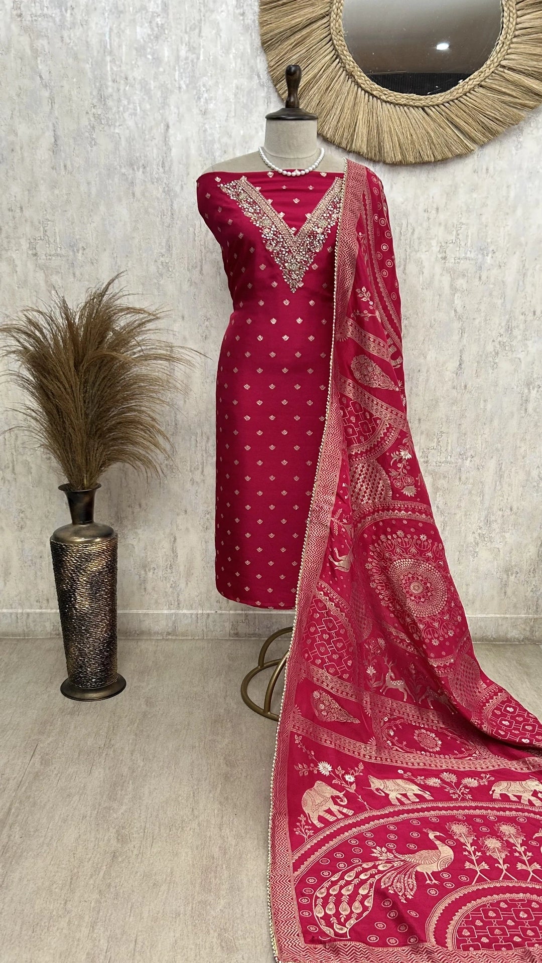 Dola Silk Unstitched suit with V neckline