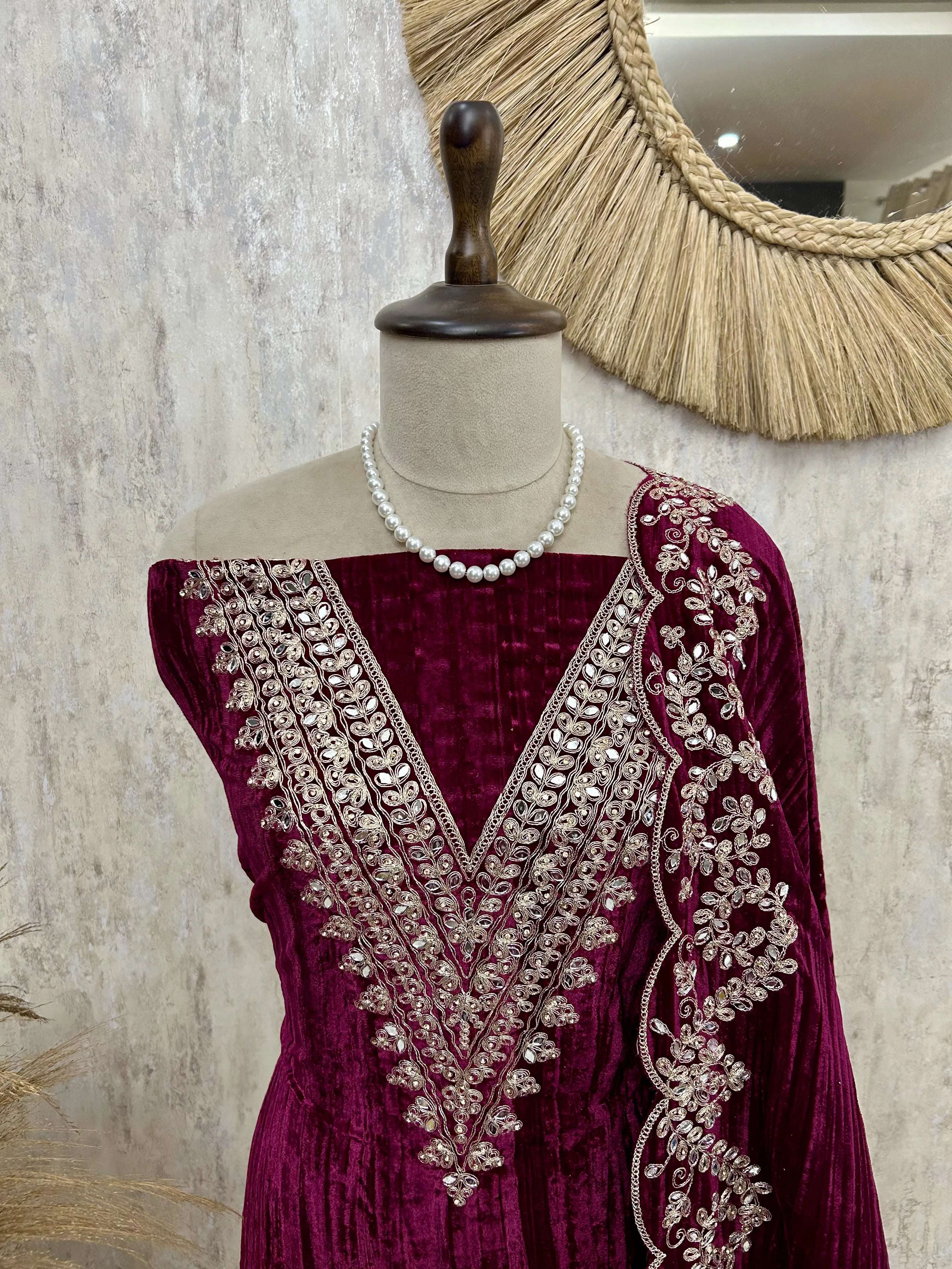 Velvet Unstitched suit with Mirror & Zari Work