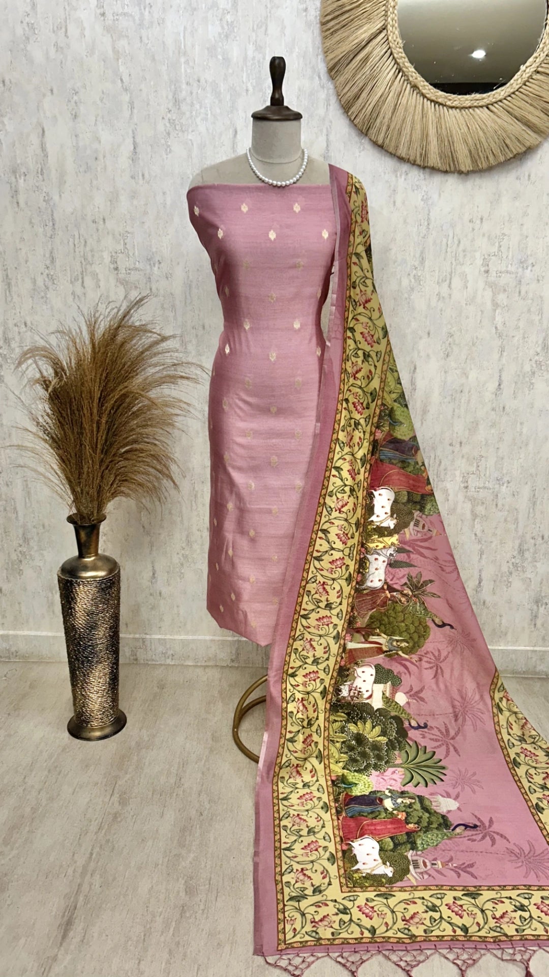 Chanderi Unstitched Suit Set With Printed Dupatta (Pastel)