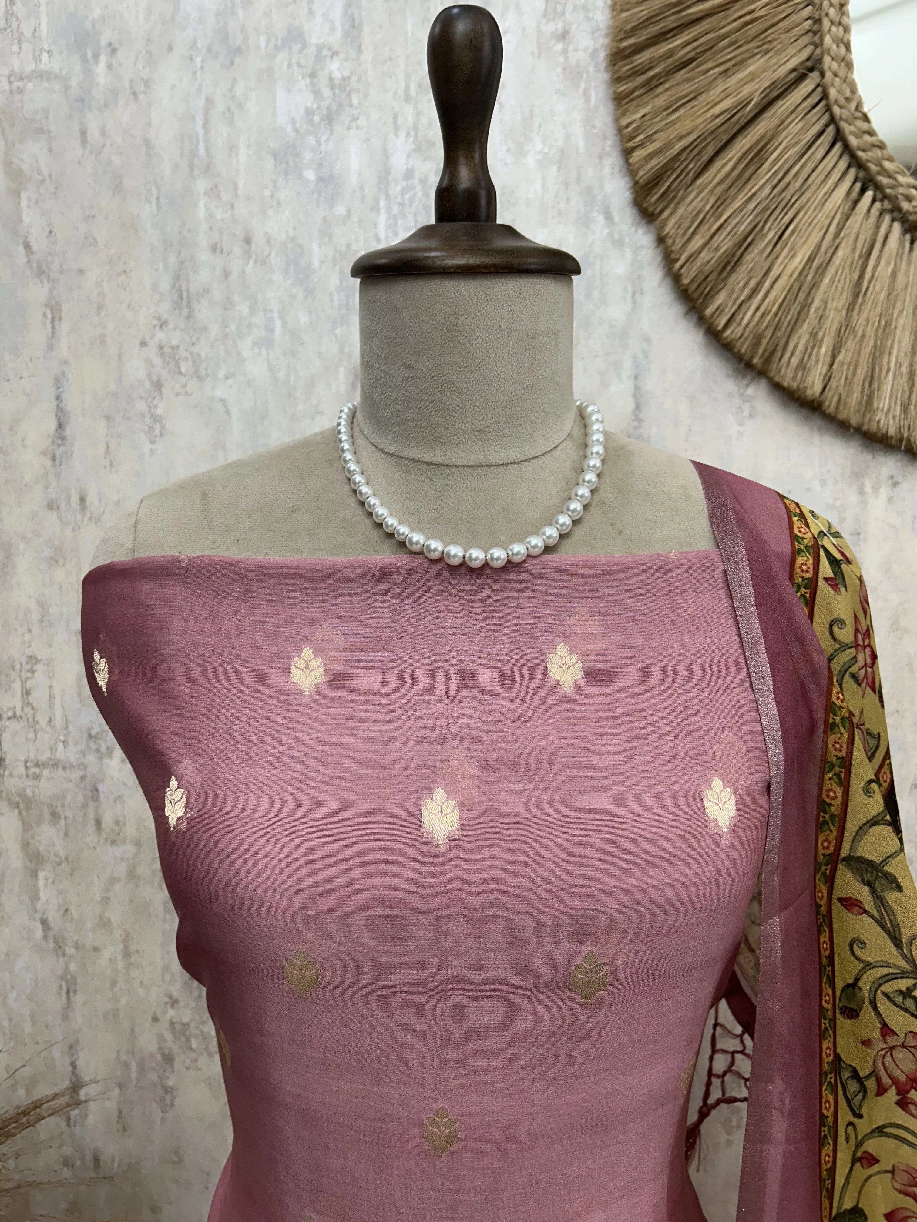 Chanderi Unstitched Suit Set With Printed Dupatta (Pastel)