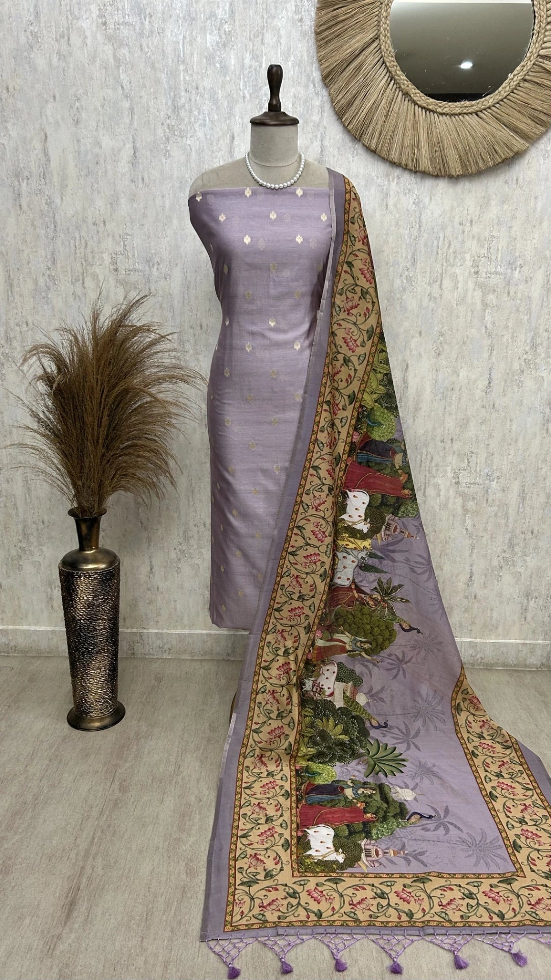 Chanderi Unstitched Suit Set With Printed Dupatta (Pastel)