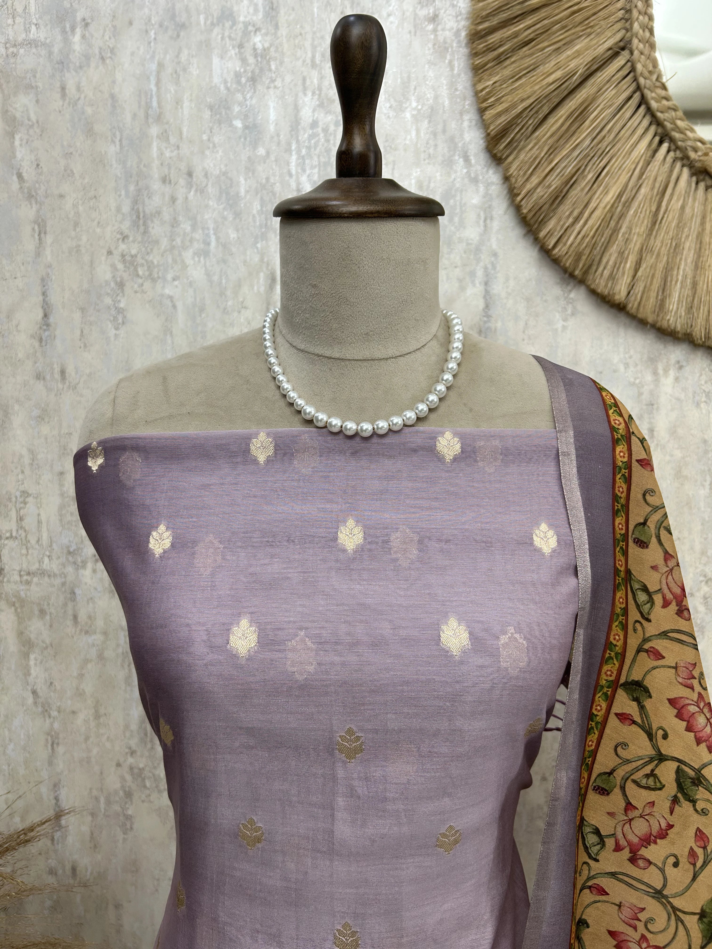 Chanderi Unstitched Suit Set With Printed Dupatta (Pastel)