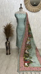 Chanderi Unstitched Suit Set With Printed Dupatta (Pastel)