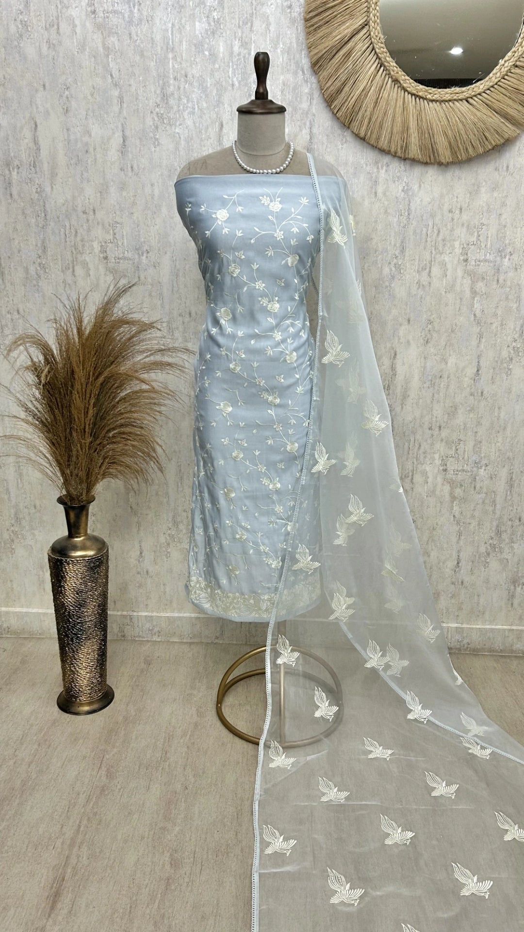 Thread Embroidered Bangalore Silk Unstitched Suit Set