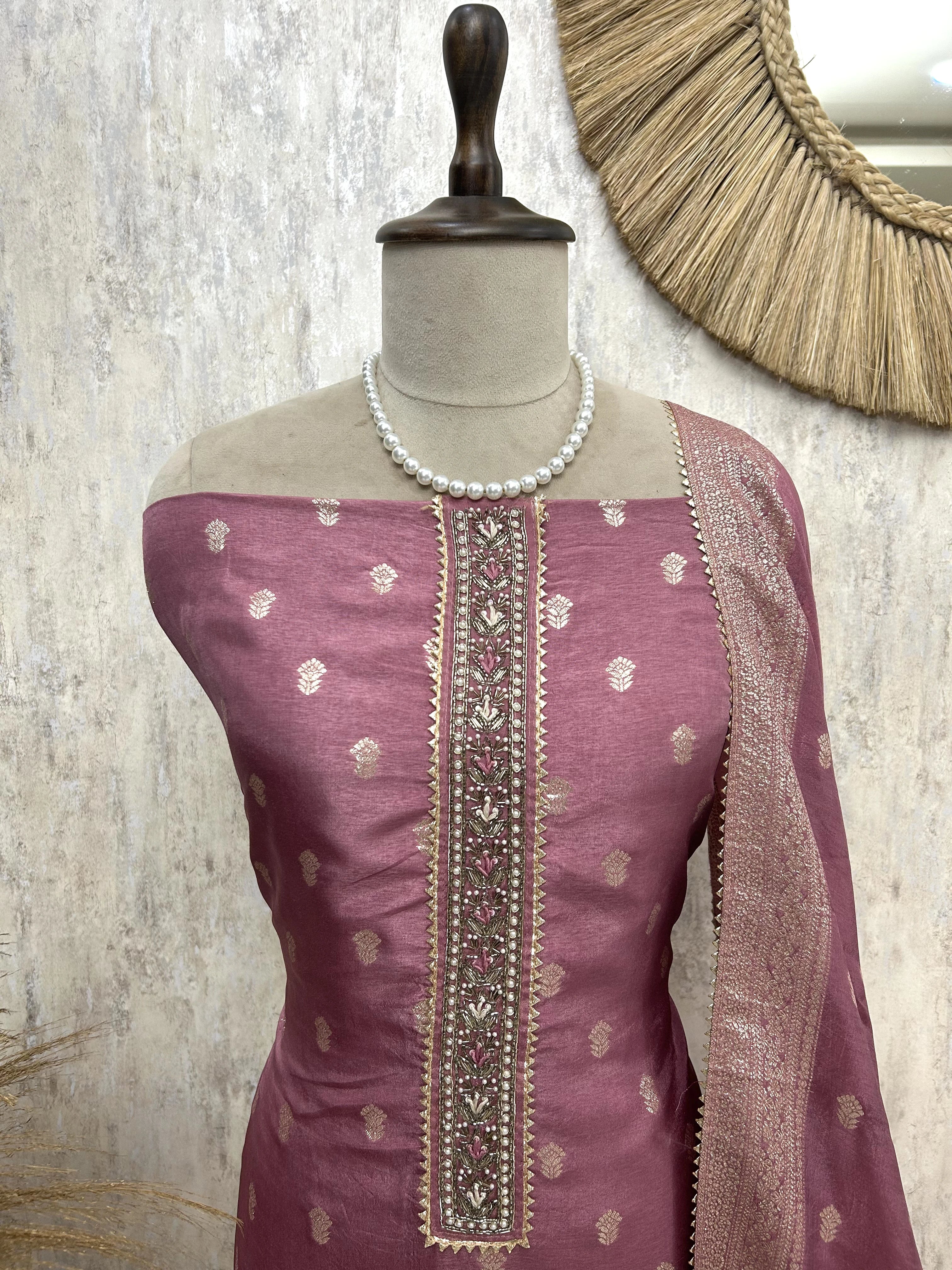 Banarasi Dola Silk Unstitched Suit Set Necktie Design