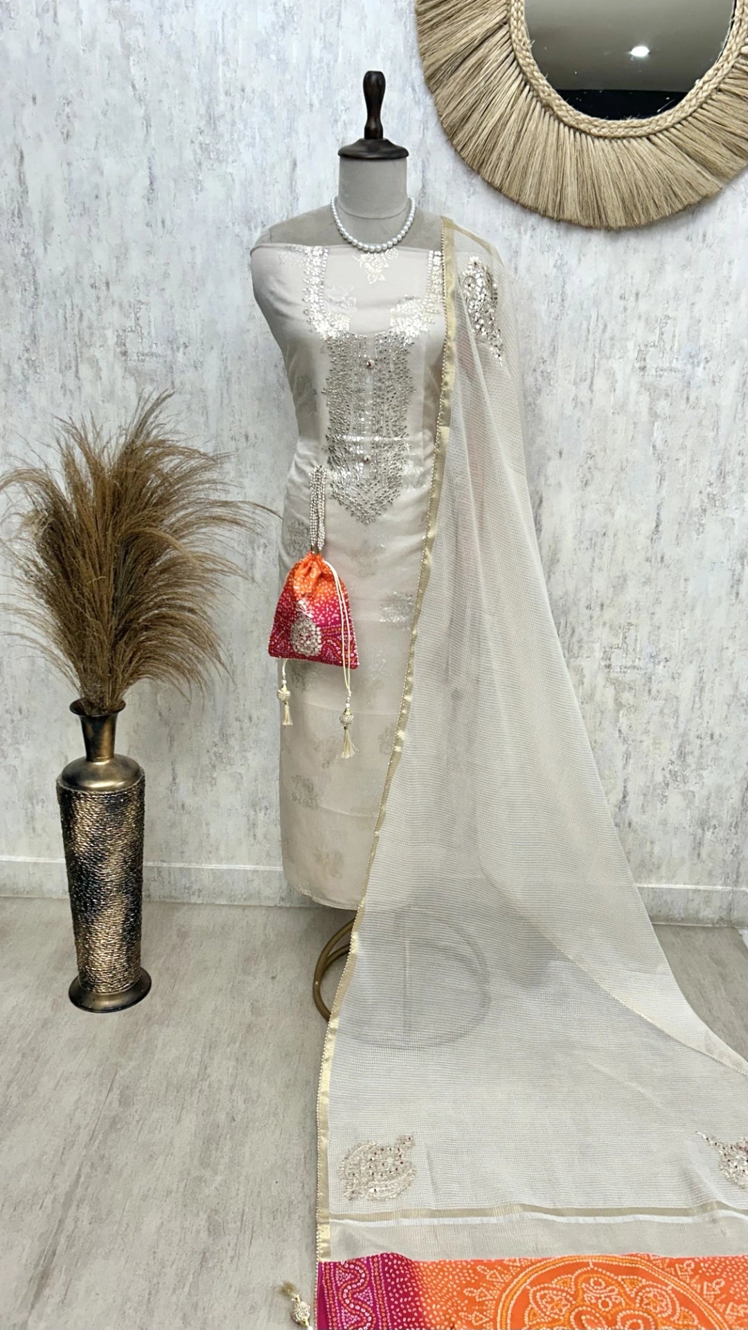 Organza Unstitched Suit Set With Applique Work