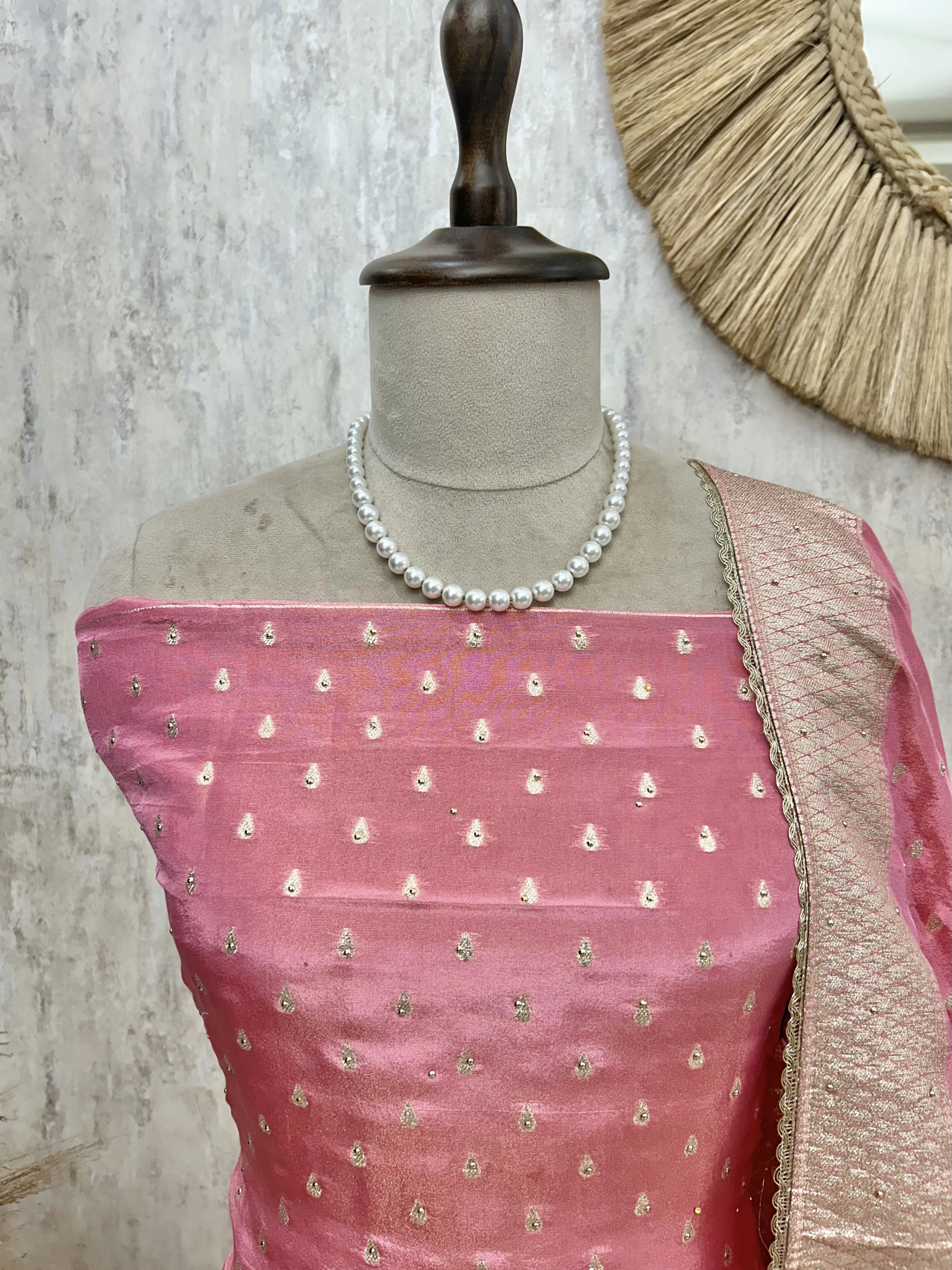 Tissue Unstitched Suit Set With Embroidered Hemline
