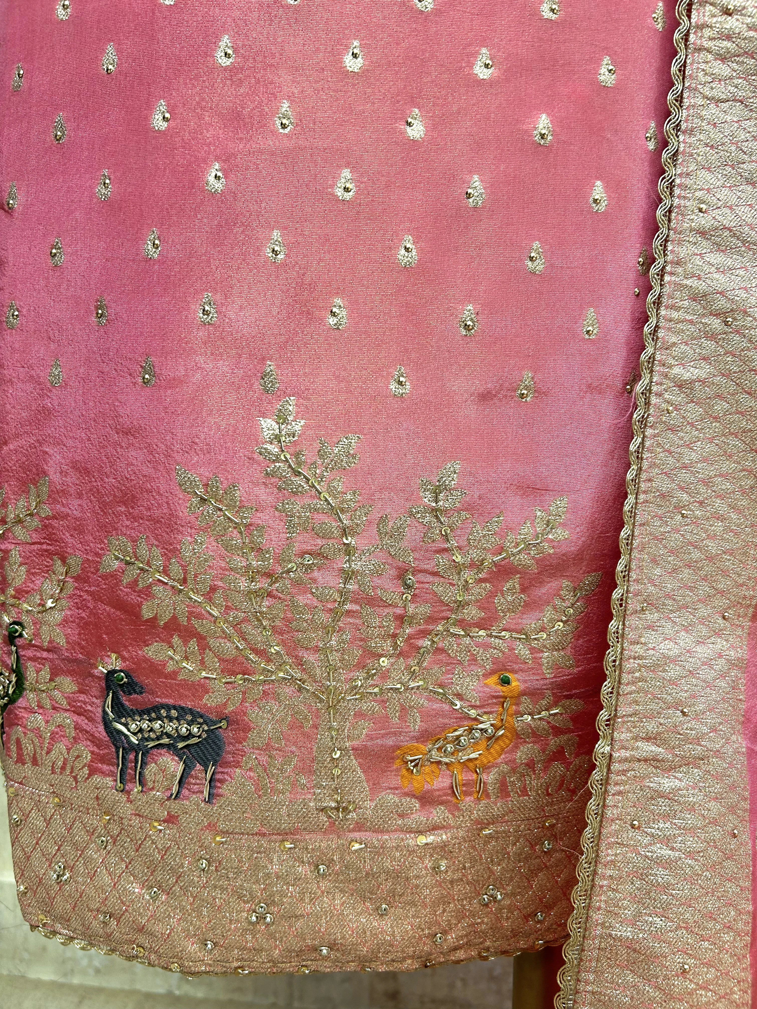 Tissue Unstitched Suit Set With Embroidered Hemline