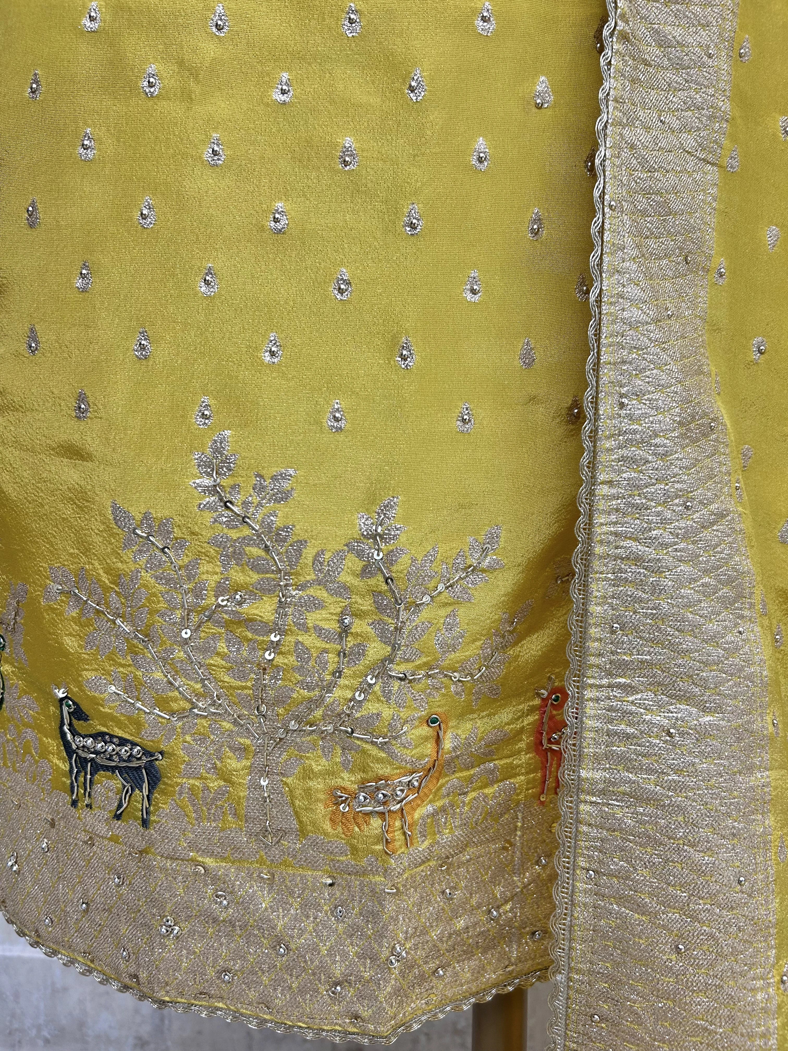 Tissue Unstitched Suit Set With Embroidered Hemline