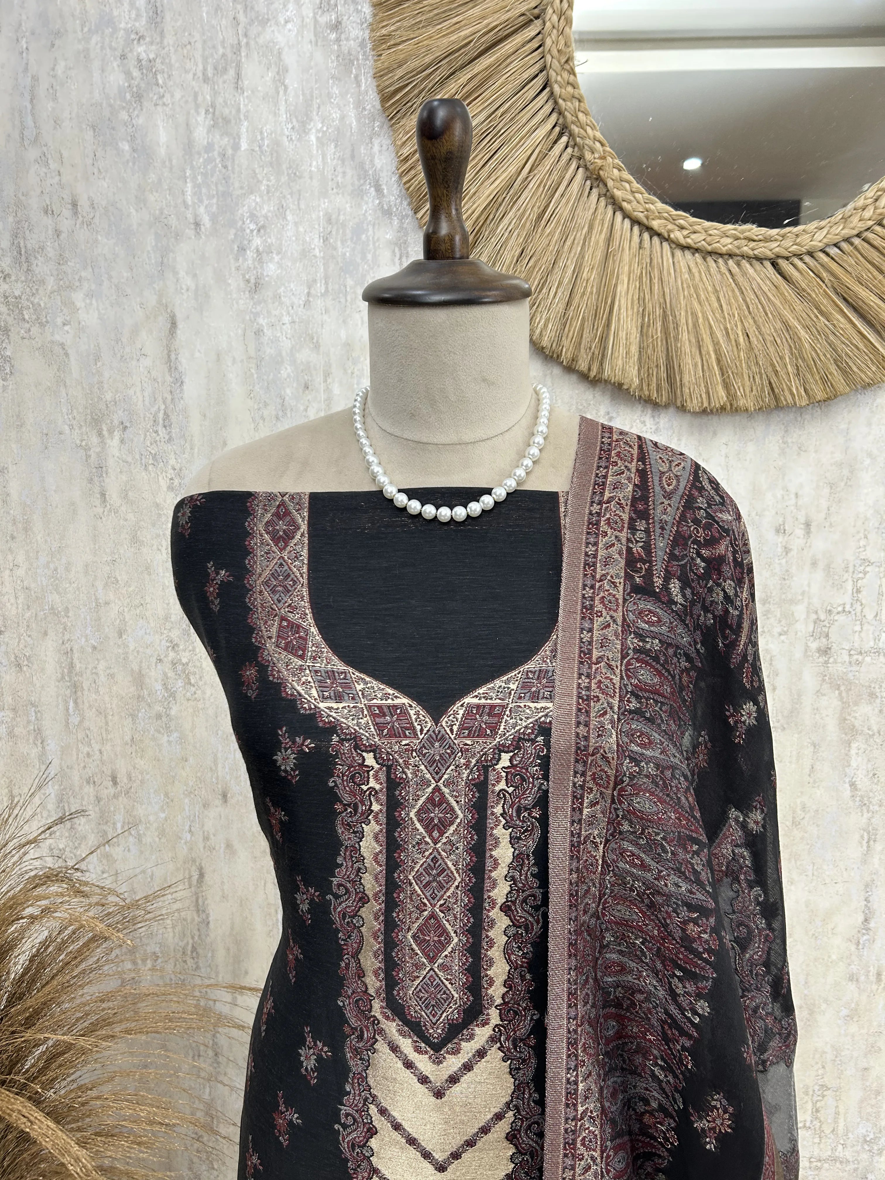 Black Elegant Fine silk Unstitched Suit